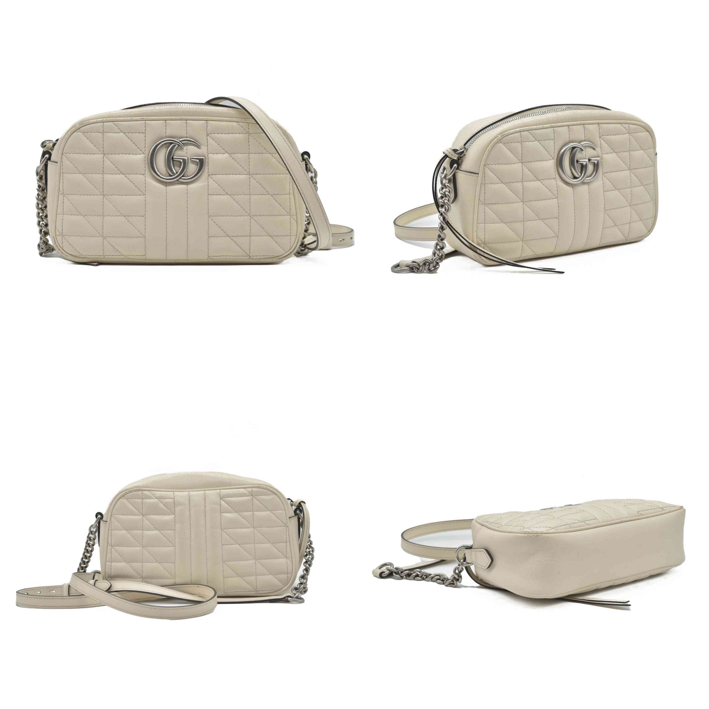 $1950 Gucci Calfskin Matelasse Aria Small GG Marmont Chain Shoulder Bag Mystic White