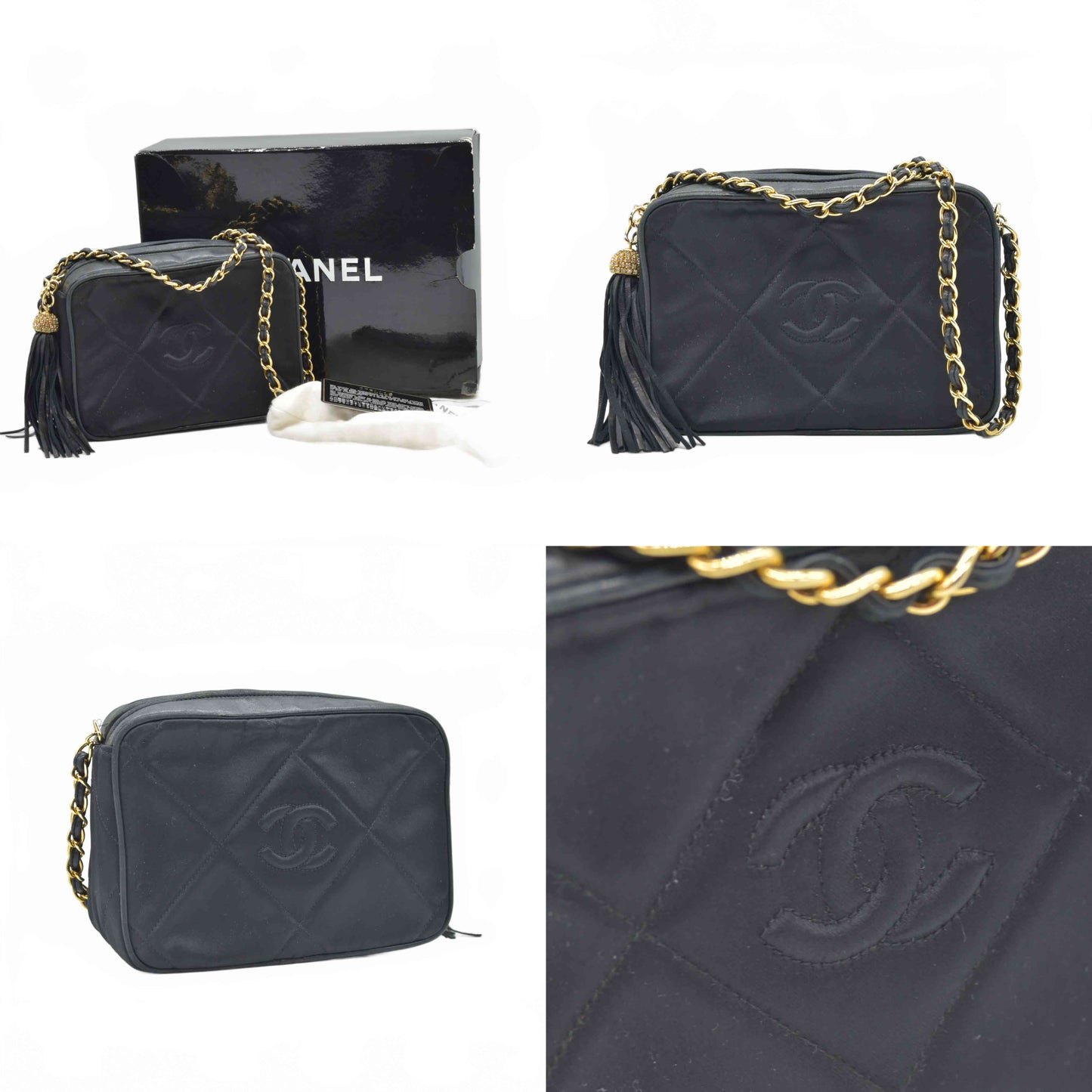 $3000 1988 Chanel Vintage Black Quilted Satin CC Tassel Camera Case