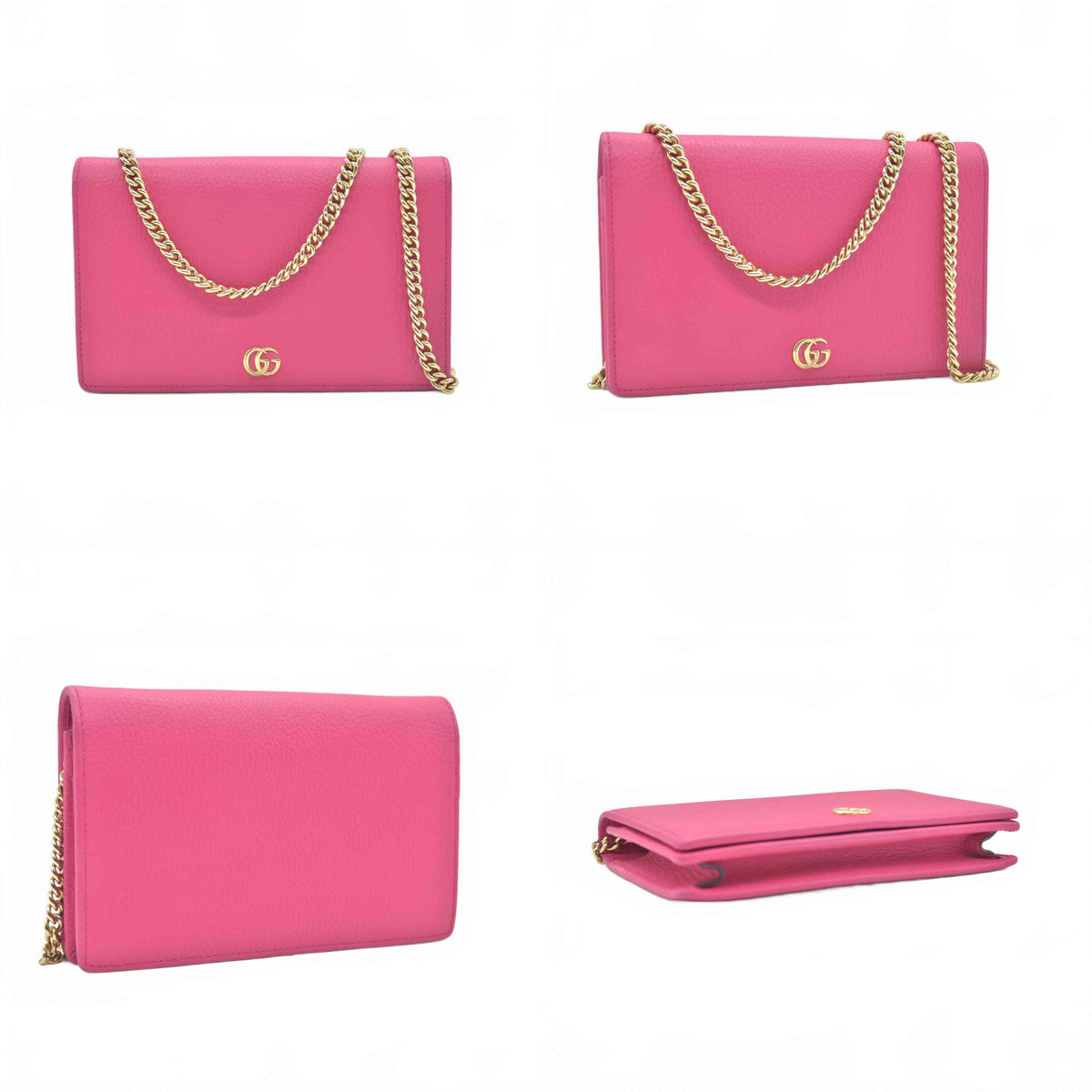 $1150 Gucci Dollar Calfskin Mini GG Marmont Chain Wallet Box Pink
