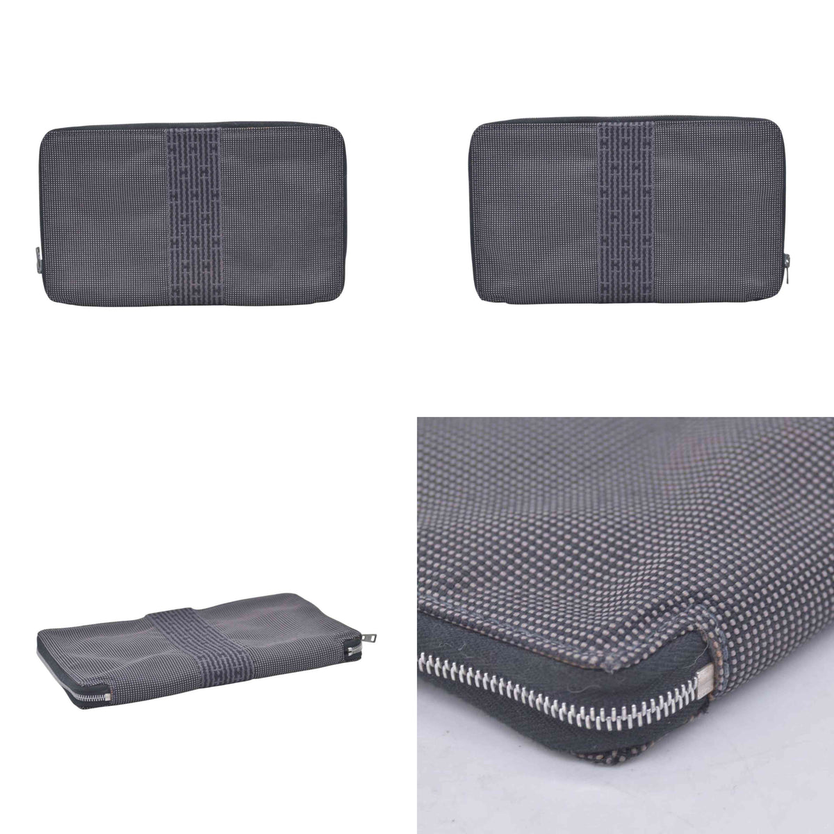 $850 HERMES Toile Canvas Herline Zip Around Long Organizer Wallet Grey CONSIGNMENT 10021210