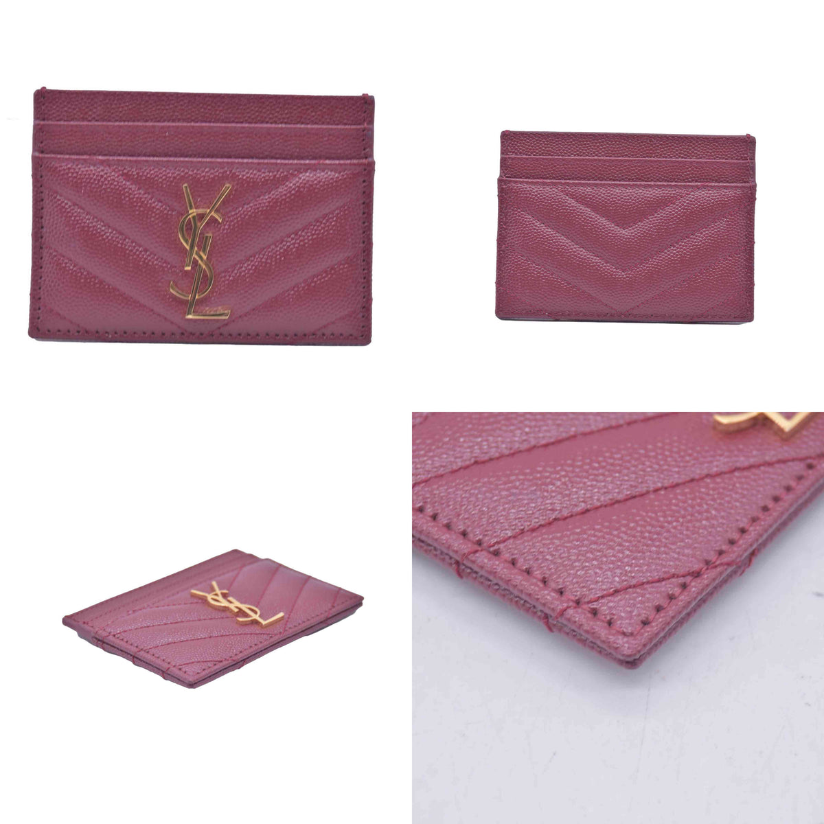 $450 Saint Laurent Grain De Poudre Matelasse Chevron Monogram Credit Card Case Palissandre CONSIGNMENT 10020997