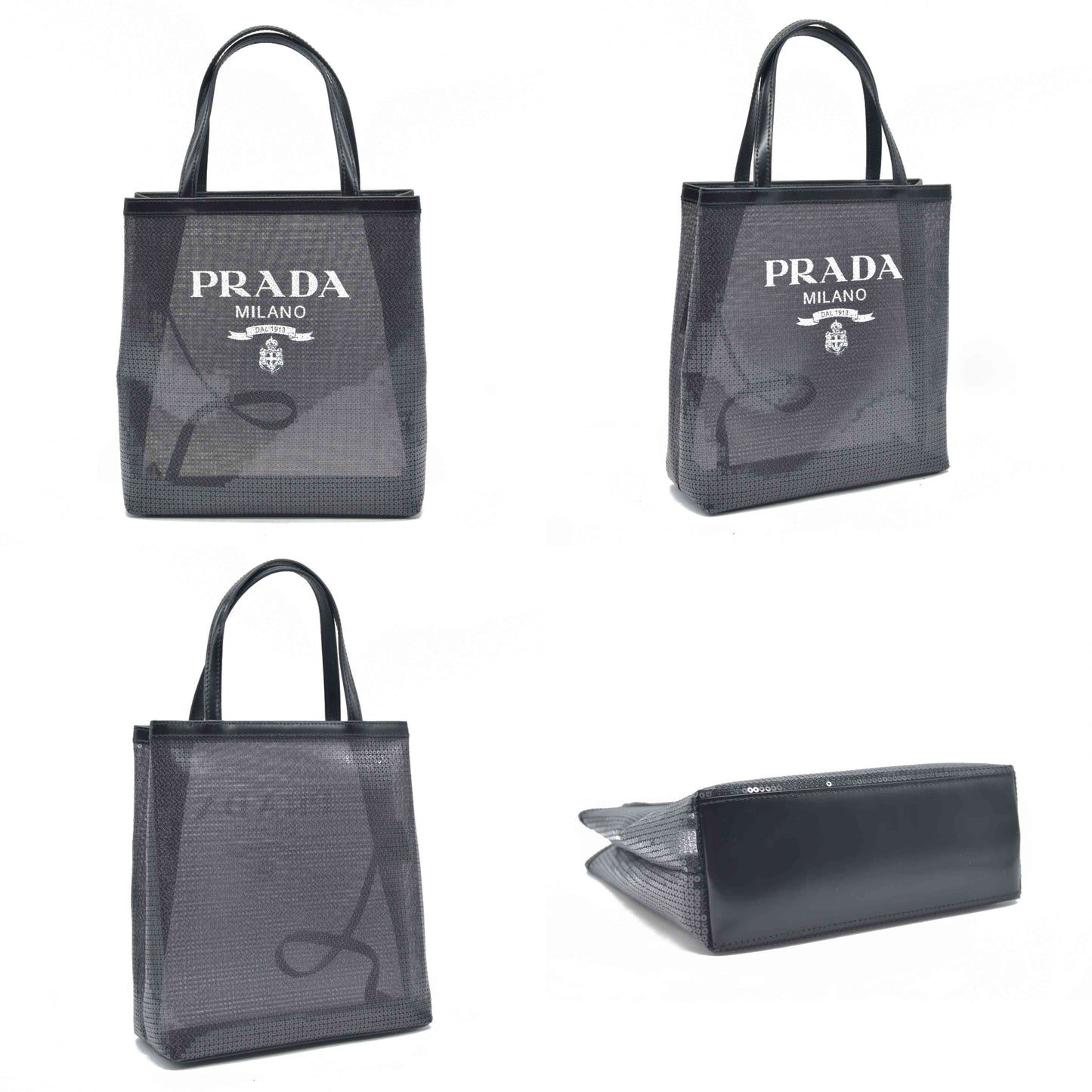 $2100 Prada Sequin Rete Paillettes Small Tote Bag Black