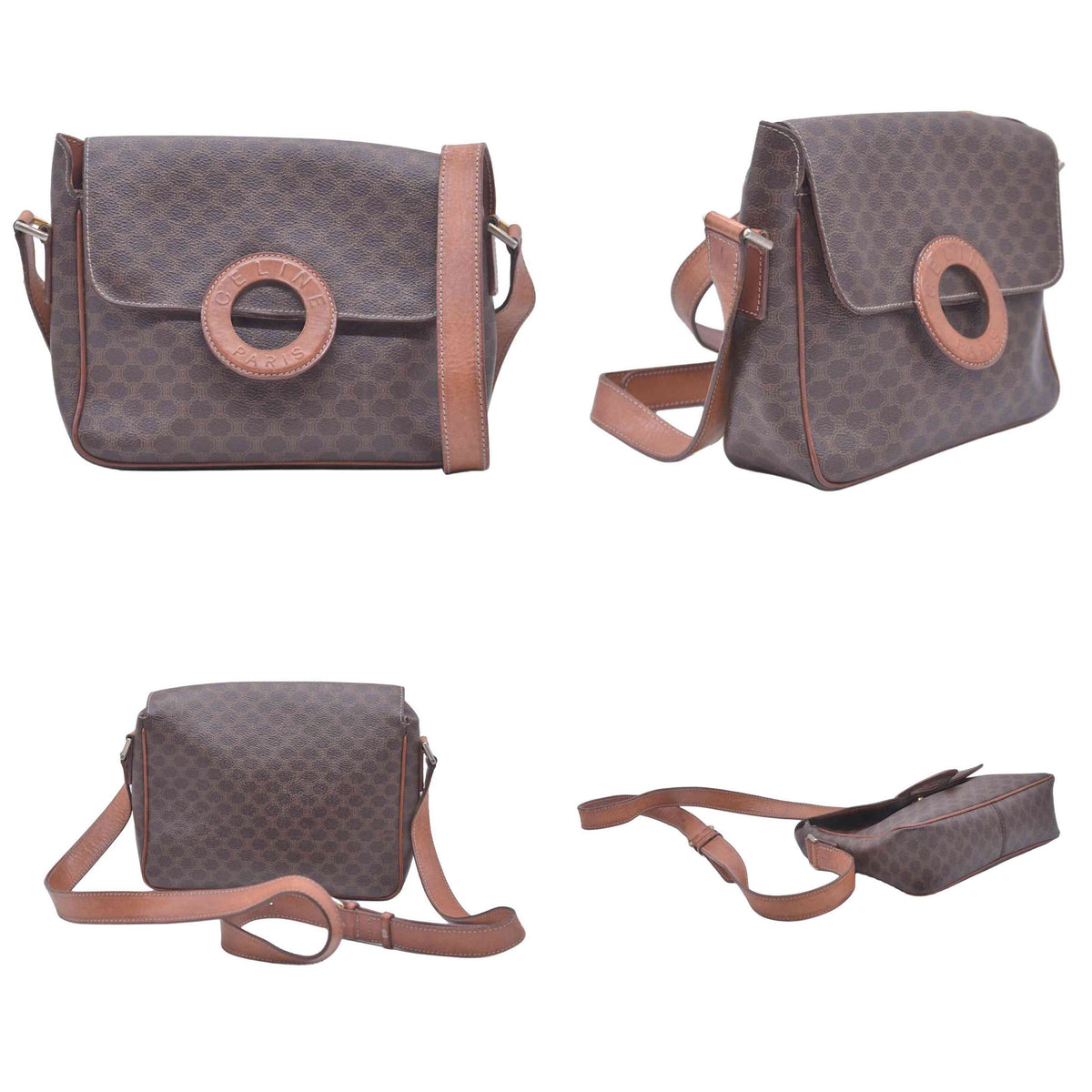 $1150 CELINE Macadam Coated Canvas Ring Circle Logo Crossbody Bag Brown CONSIGNMENT 10021238