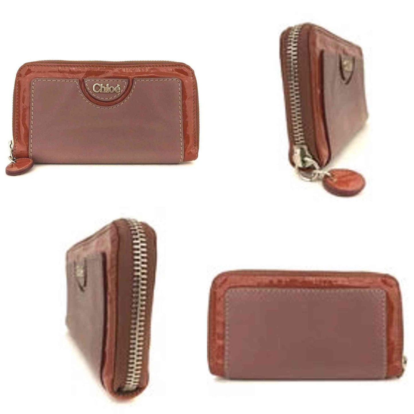 Chloe Logo Leather/Patent Zip Around Long Wallet Purse Bicolor