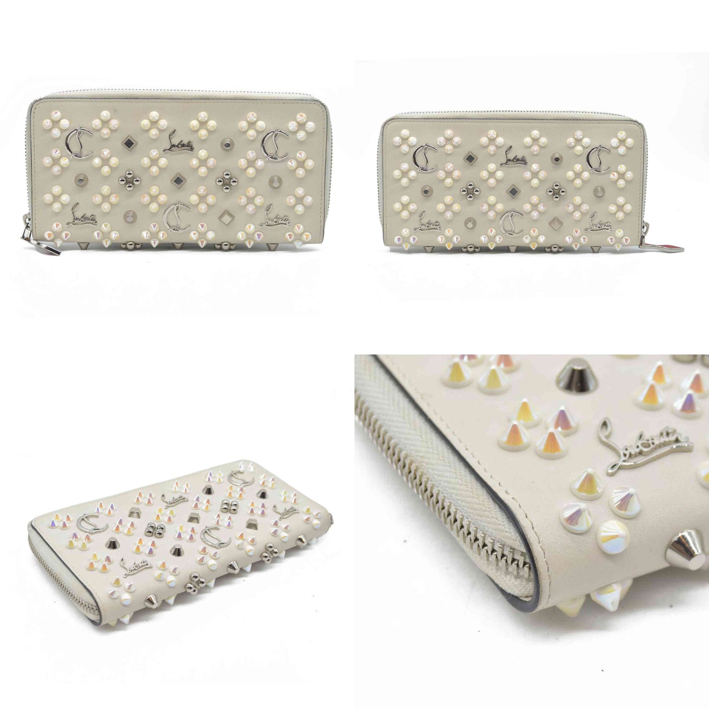 $950 CONSIGNMENT Christian Louboutin Panettone Long Wallet Cream with Loubinthesky Spikes