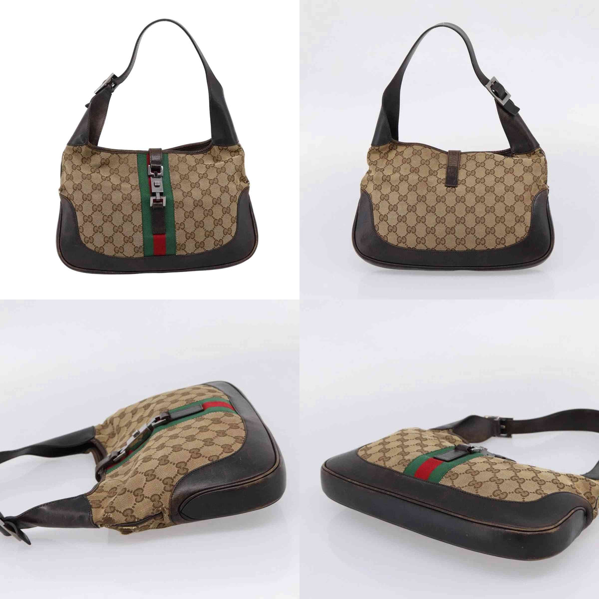 $1400 Gucci Web Jackie Leather and Canvas Supreme Hobo