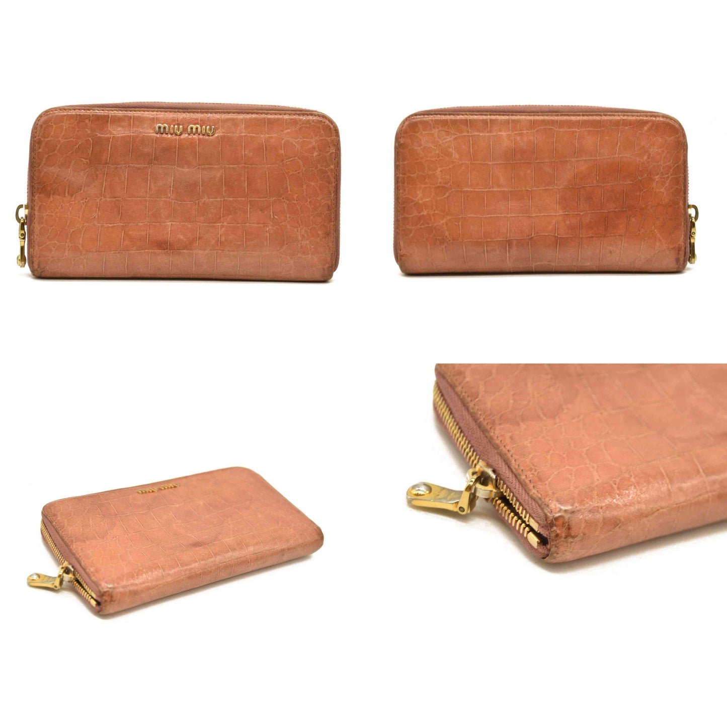 Miu Miu  Vernice Crocodile Embossed Calfskin Zip Around Wallet Cipria