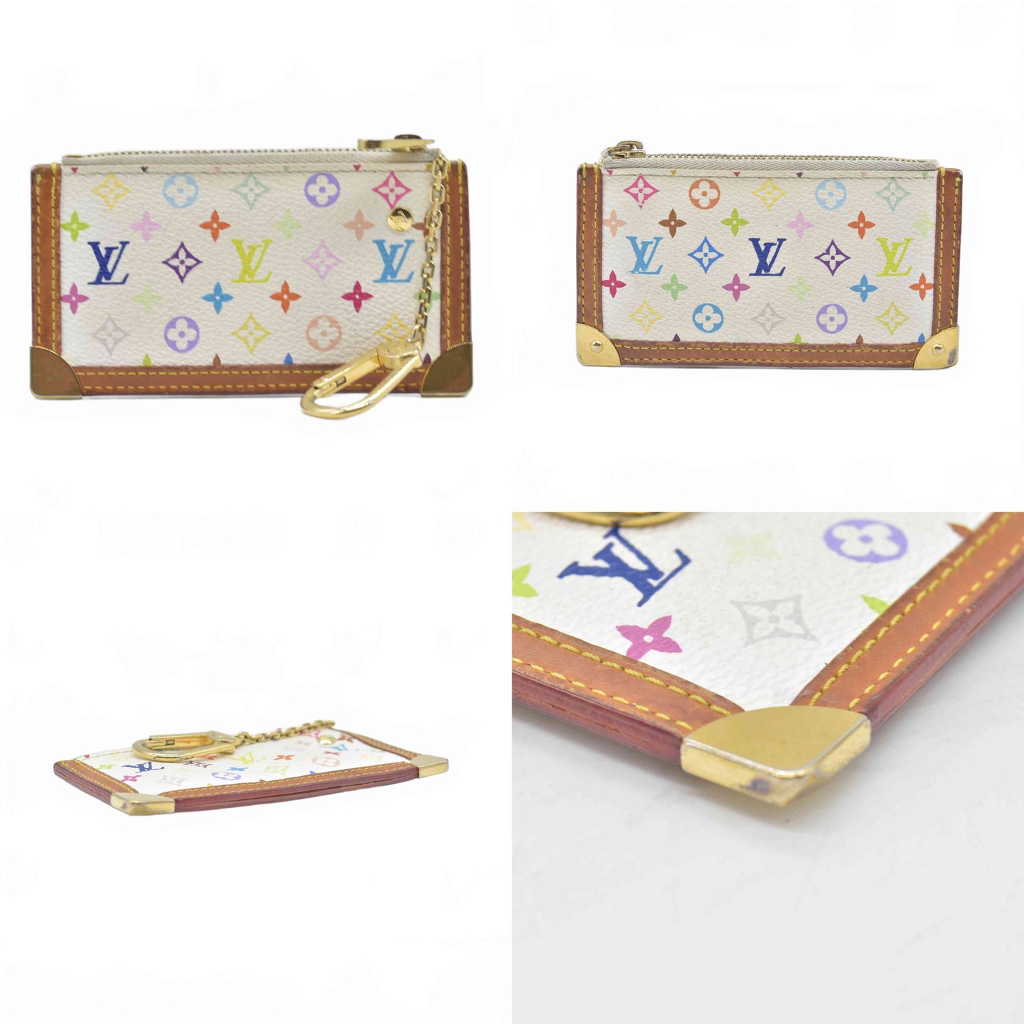 $450 2003 Louis Vuitton Monogram Multicolor Key Pouch White CA0063