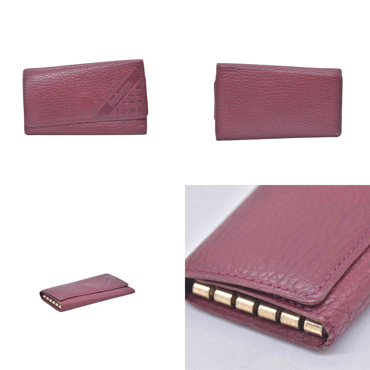 $320 BURBERRYS Grainy Leather Check Embossed 5-Key Case Burgundy CONSIGNMENT 10021214