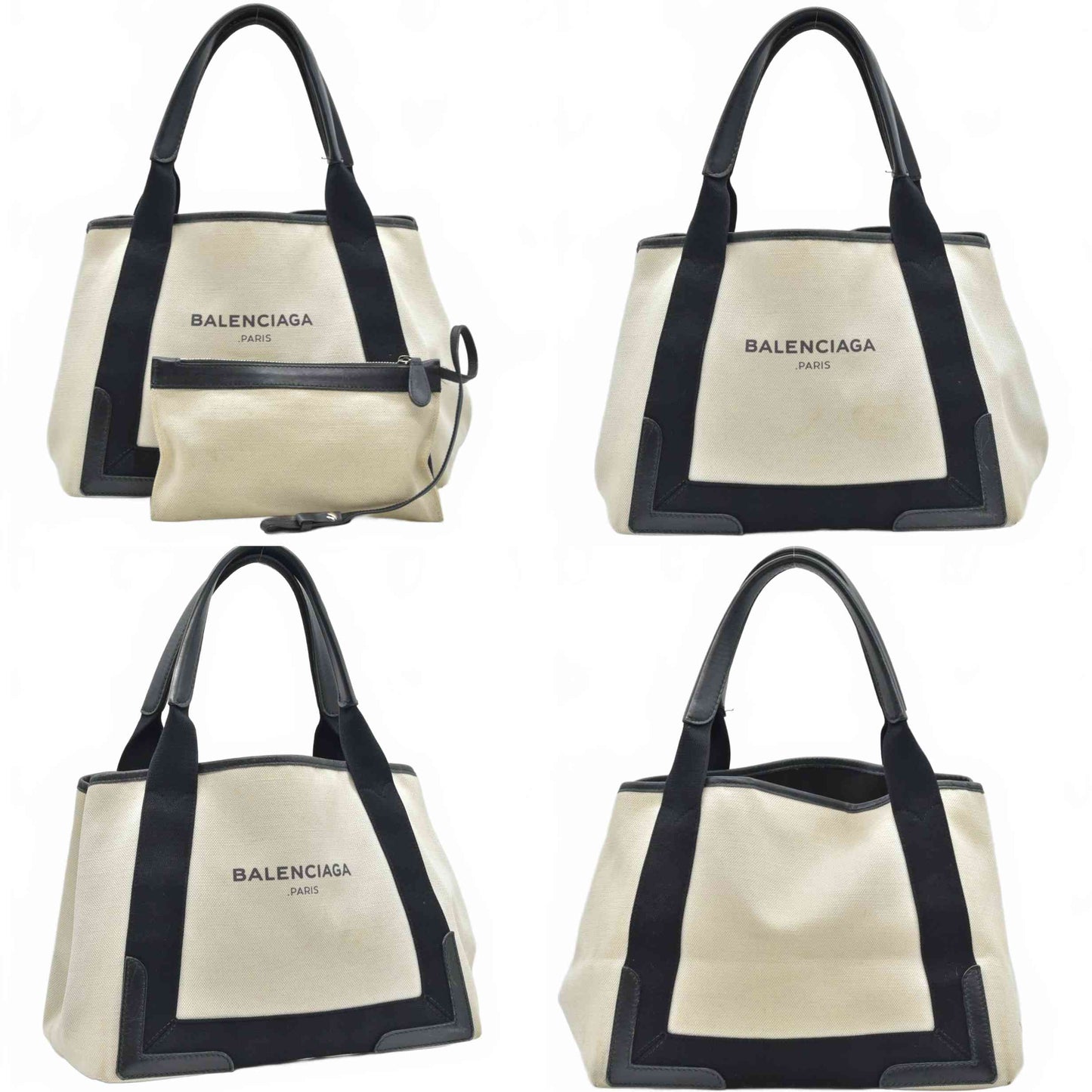 $995 Balenciaga Cotton Canvas Satin Calfskin S Navy Cabas Natural Black