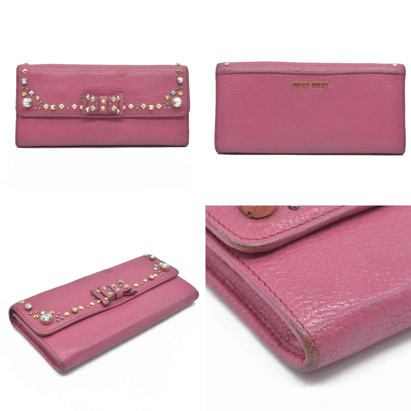 MIU MIU Ribbon Studs Leather Long Bifold Wallet Pink