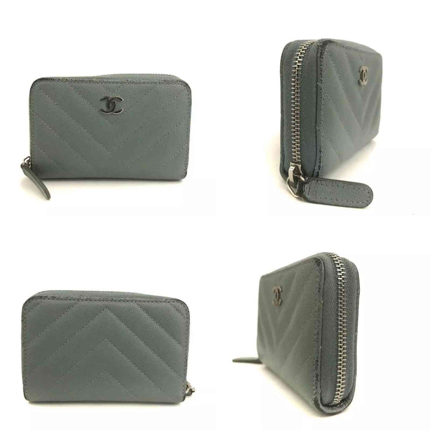 Chanel  Calfskin Chevron Quilted Zip Around Coin Purse Grey Blue