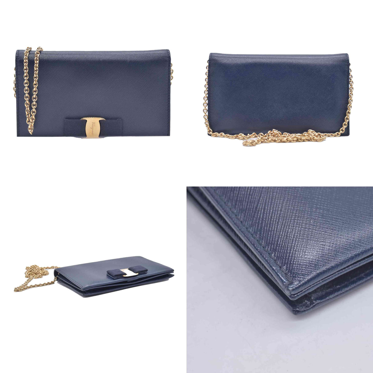 $1090 Salvatore Ferragamo Miss Vara Crossbody Wallet on Chain Navy CONSIGNMENT