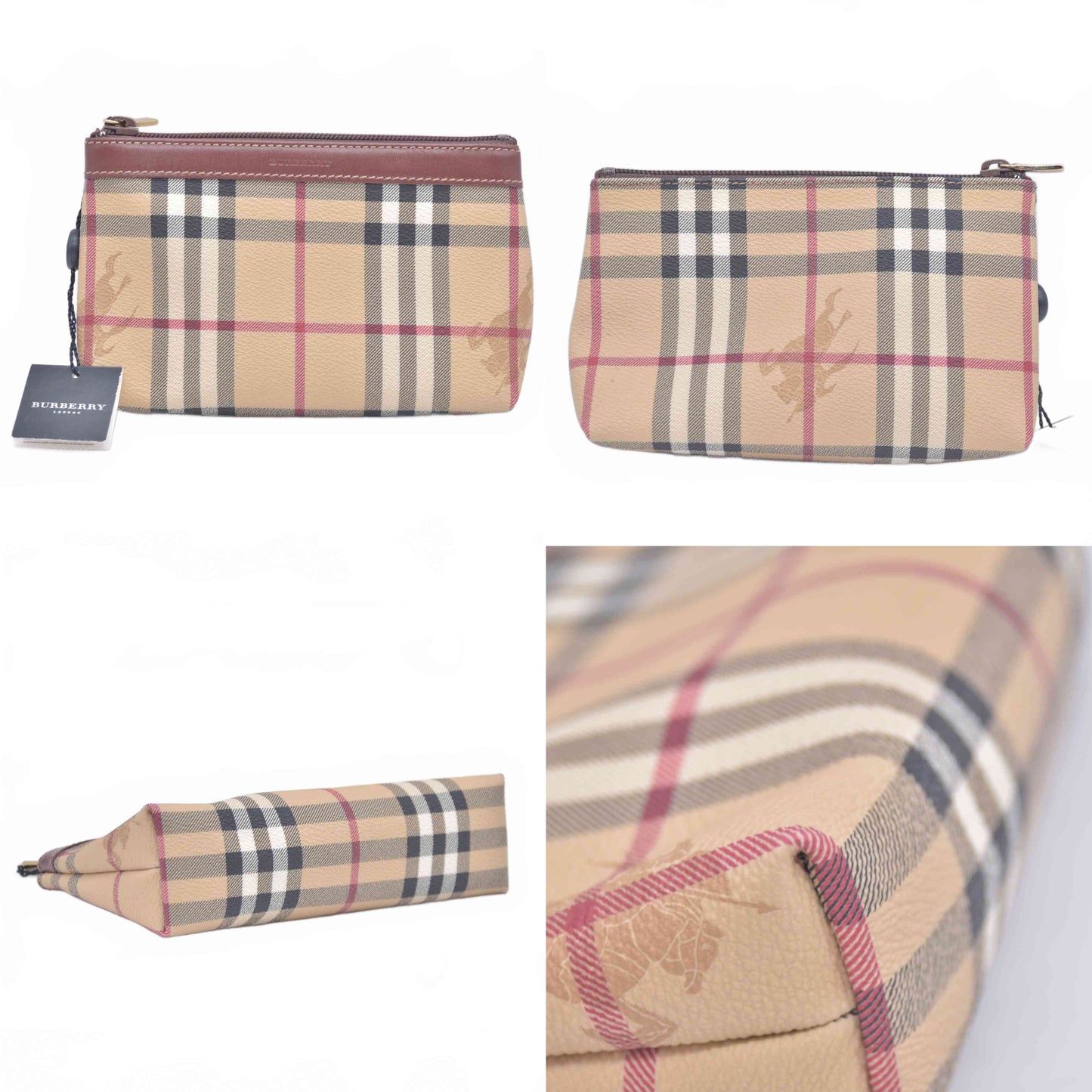 $595 Burberry Small Check Travel Pouch Archive Beige Briar Brown CONSIGNMENT