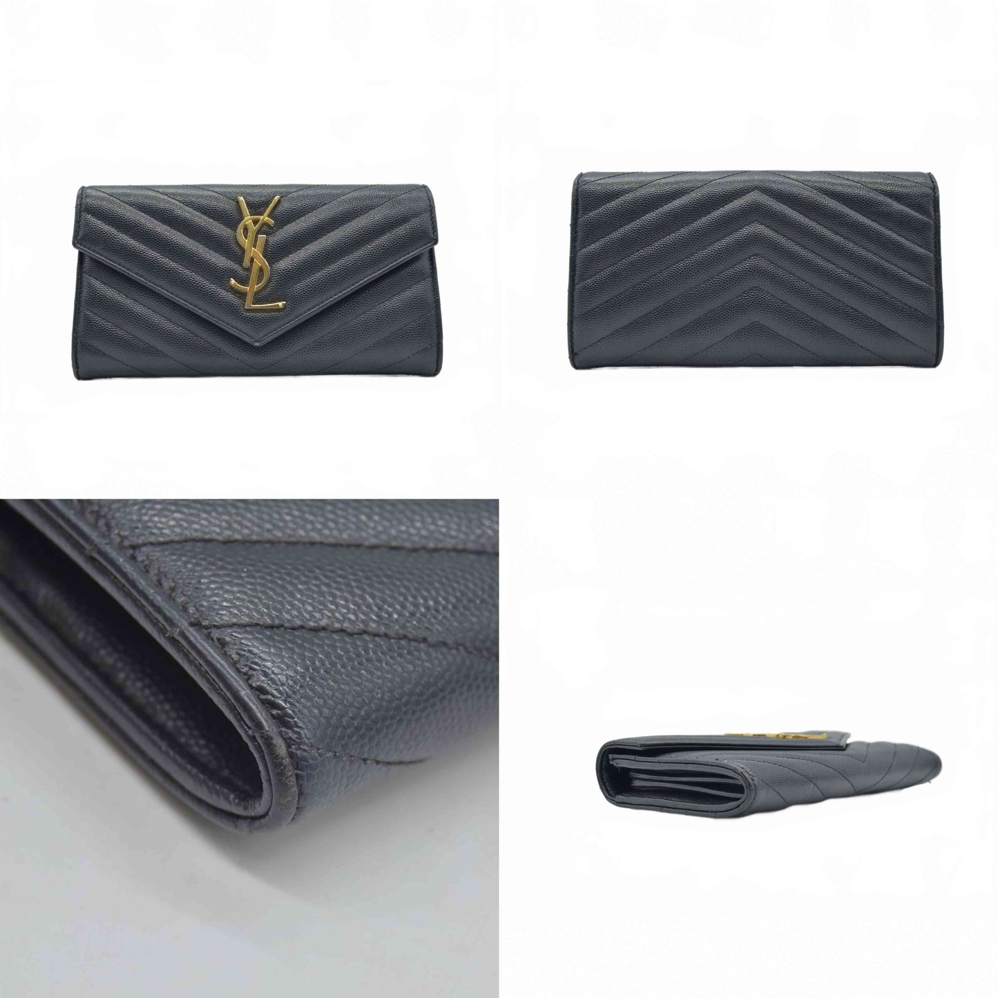 $750 Saint Laurent Grain De Poudre Matelasse Chevron Monogram Flap Wallet Black