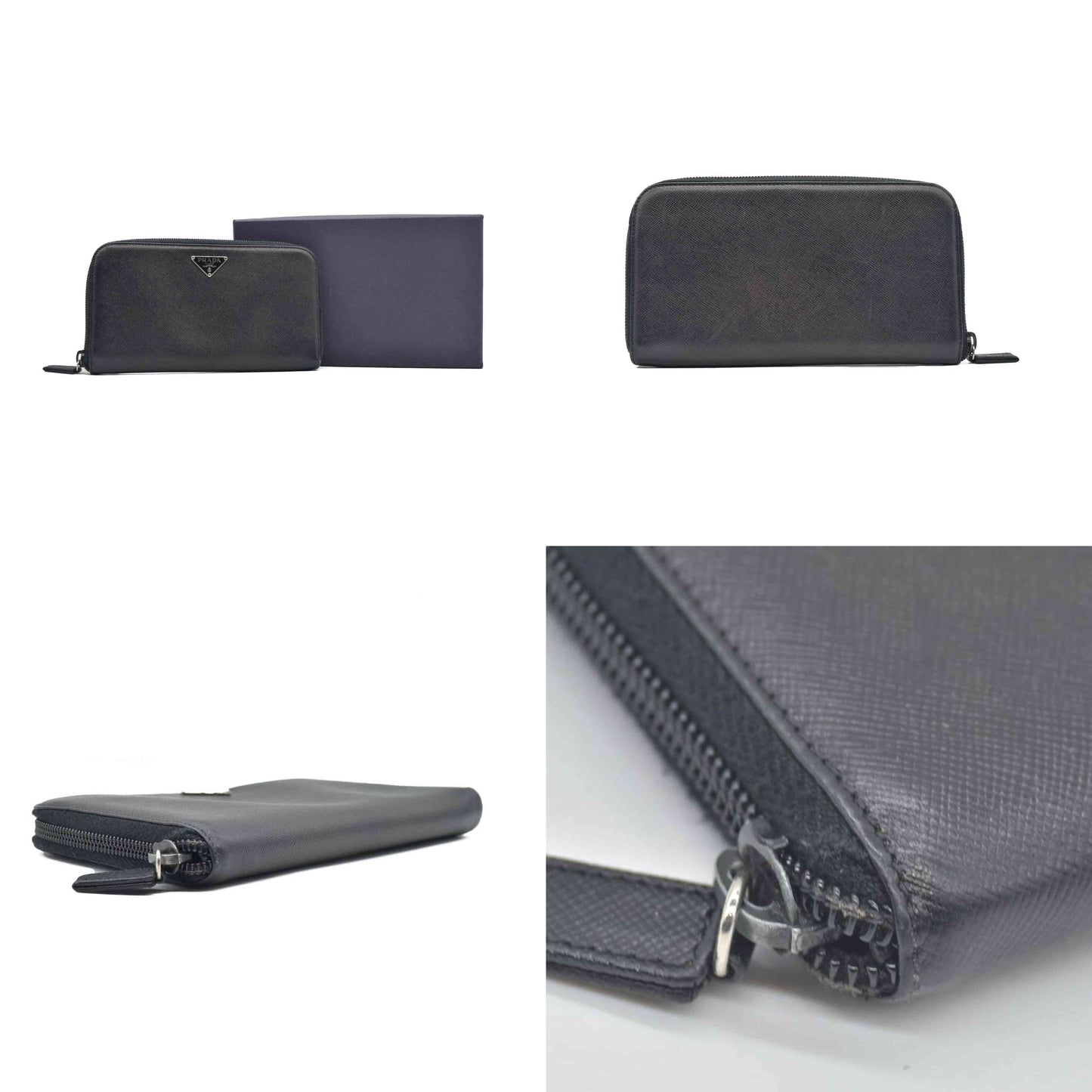 $1050 Prada Saffiano Triangle Zip Around Wallet Black CONSIGNMENT