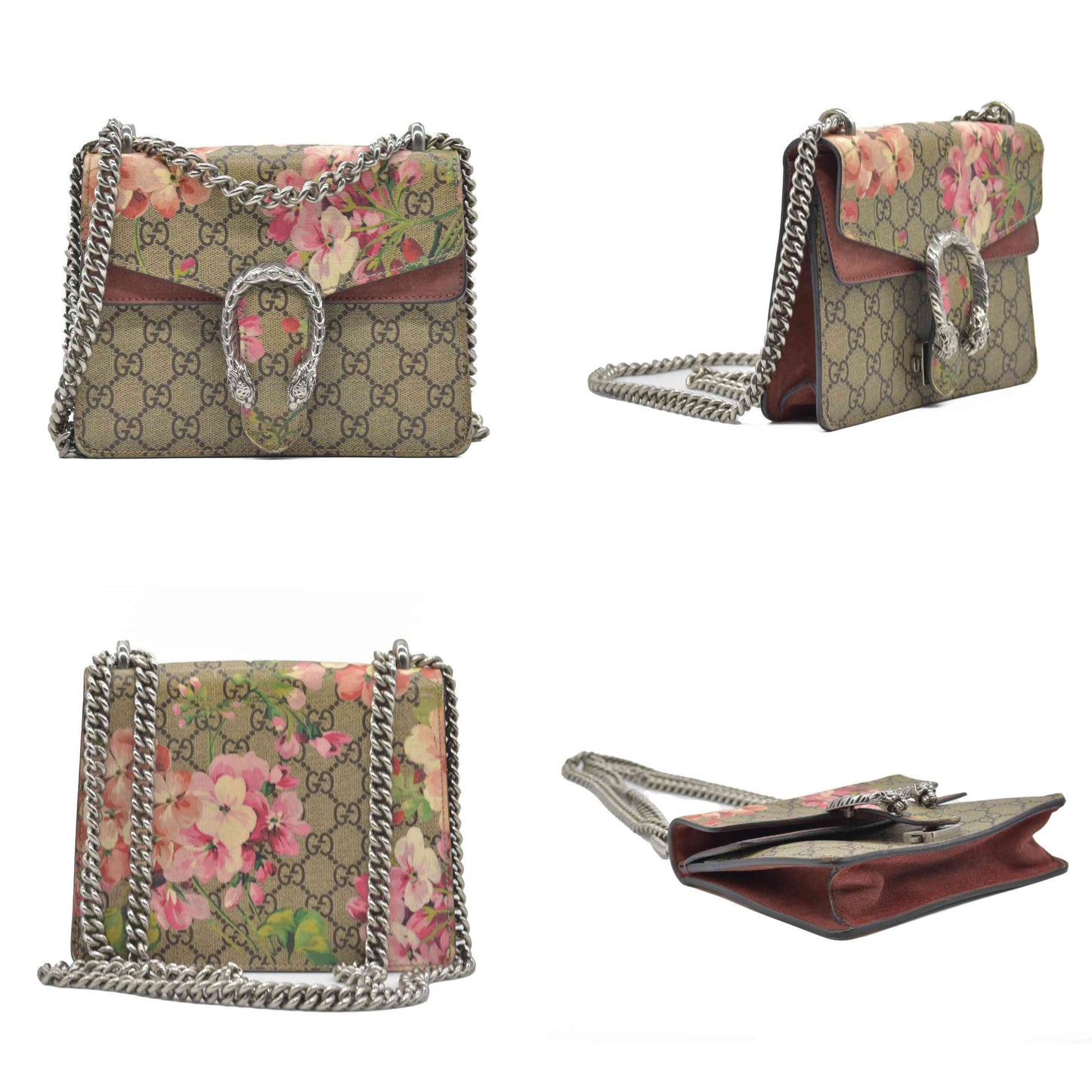 $2600 Gucci GG Supreme Monogram Blooms Mini Dionysus Shoulder Bag Beige Multicolor Dry Rose