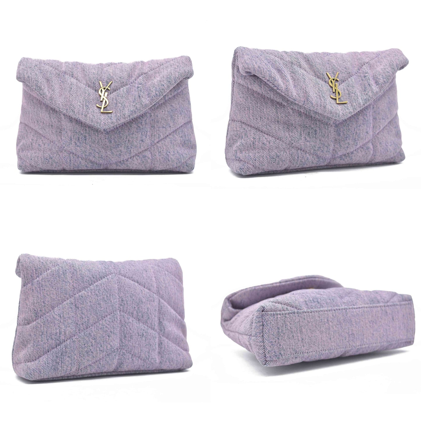 2022 $1000 Saint Laurent Denim Quilted Loulou Puffer Monogram Pouch Clutch Bleached Lilac