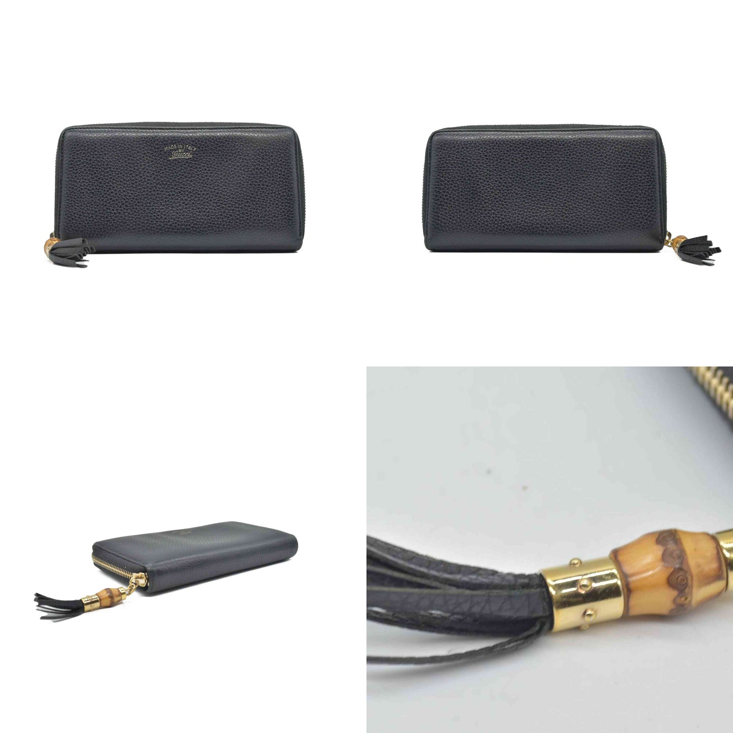 $880 Gucci Gucci Black Leather Bamboo Tassel Zip Around Wallet CONSIGNMENT