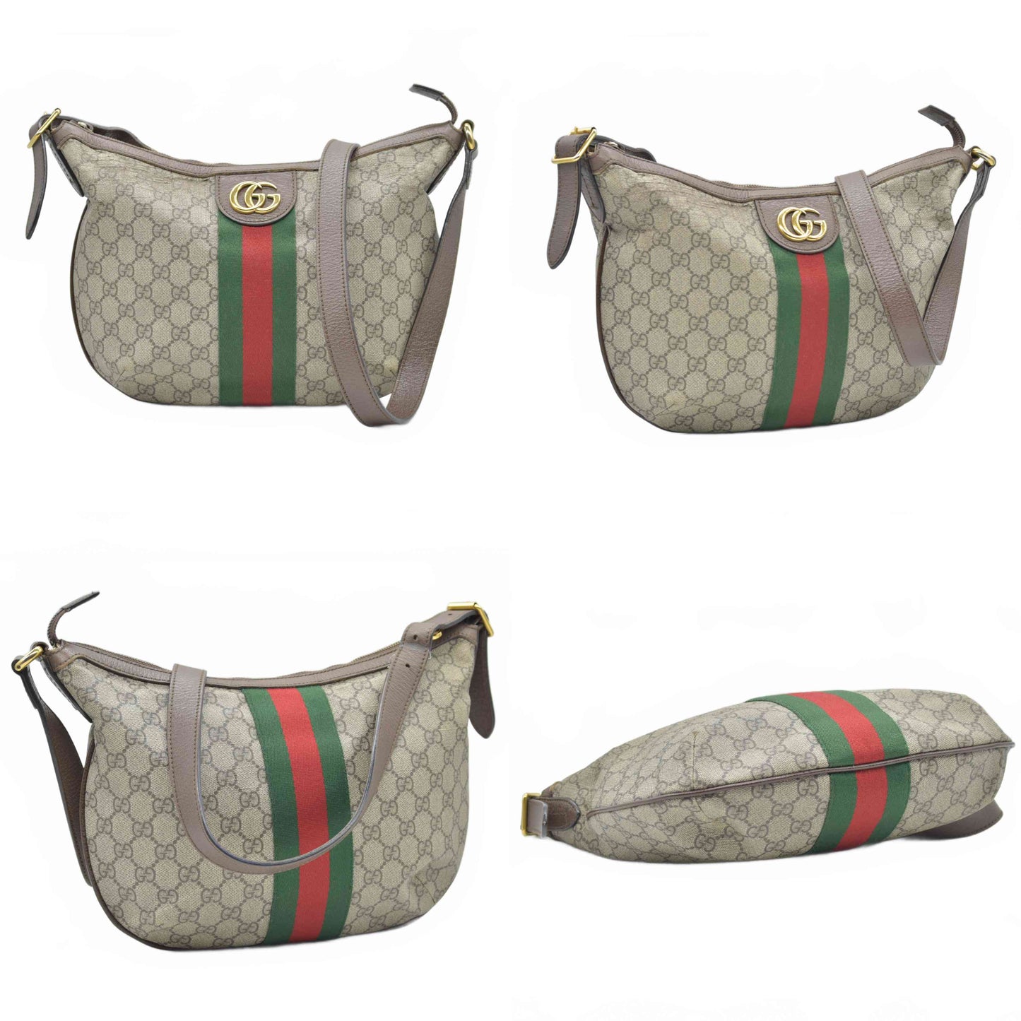 $1750 Gucci GG Supreme Monogram Web Small Ophidia Half Moon Hobo Brown