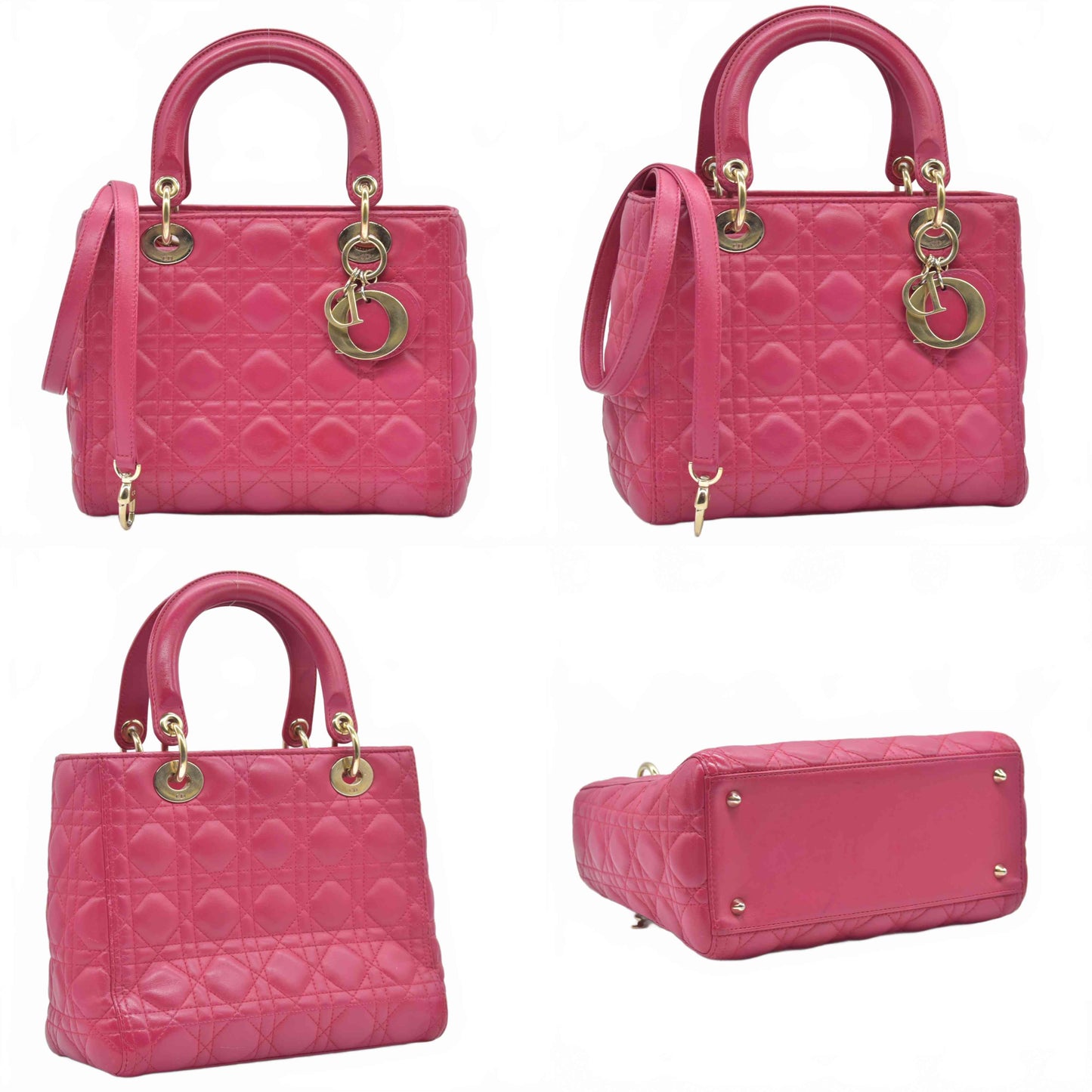$6700 Christian Dior Lambskin Cannage Medium Lady Dior Fuchsia