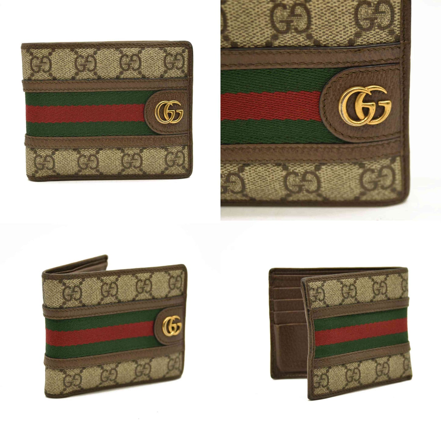 GUCCI Ophidia GG Logo PVC Leather Bifold Wallet Beige