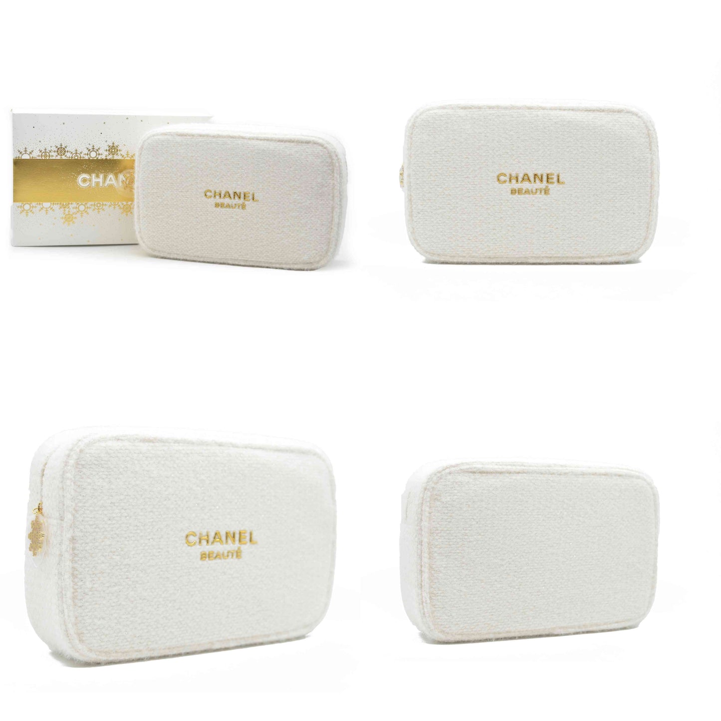 Chanel Beauty Cosmetic Pouch White Tweed Gold 2024