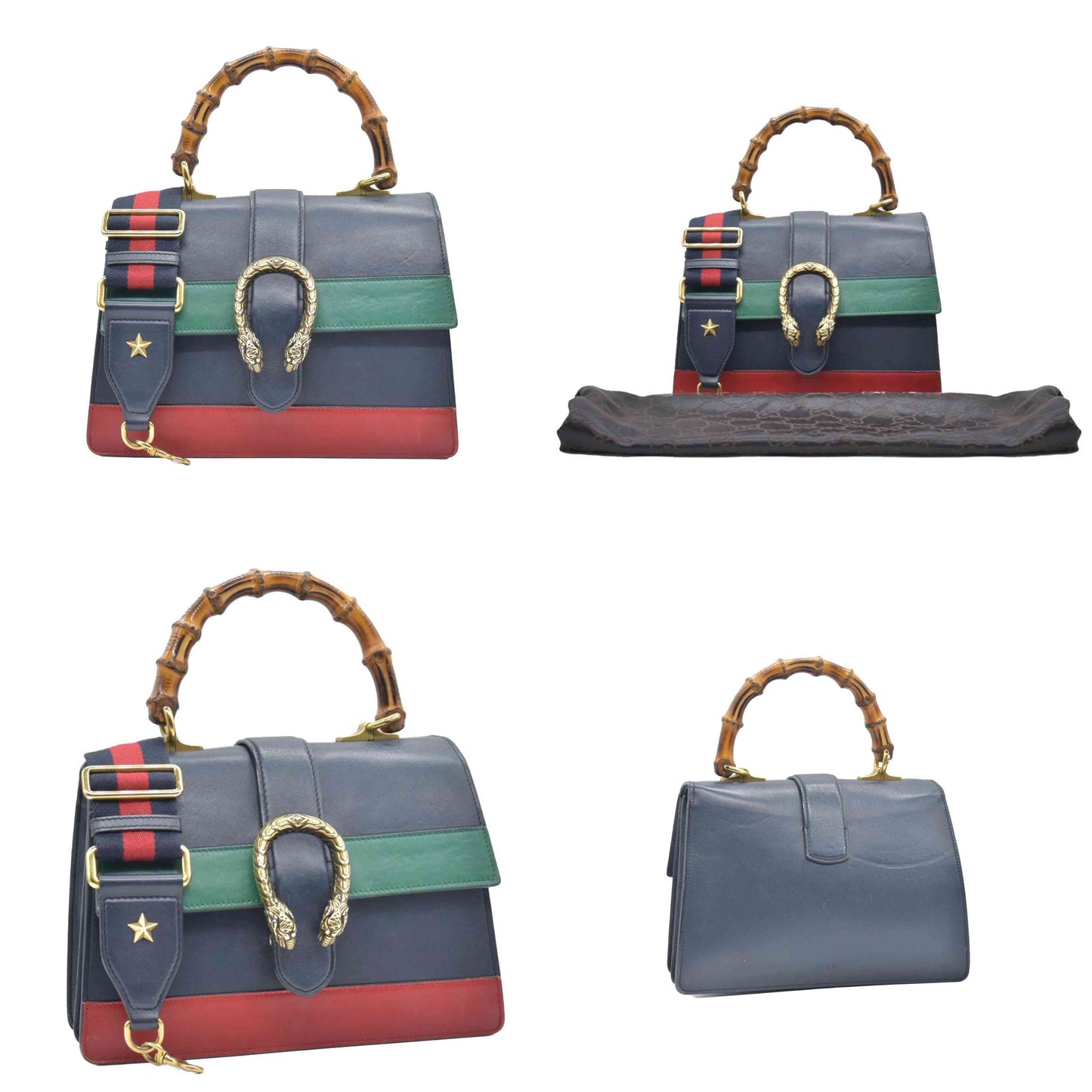 $3500 CONSIGNMENT GUCCI Moon Calfskin Web Medium Dionysus Bamboo Top Handle Bag Blue Emerald Hibiscus Red