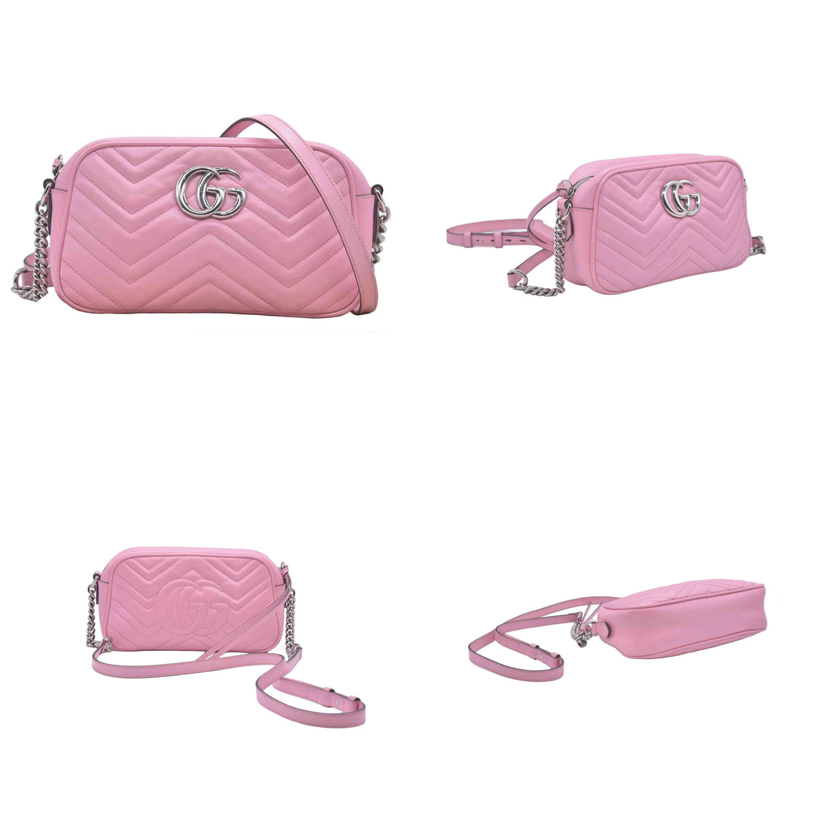 $1950 Gucci Calfskin Matelasse Small GG Marmont Chain Shoulder Bag Wild Rose CONSIGNMENT 10020900