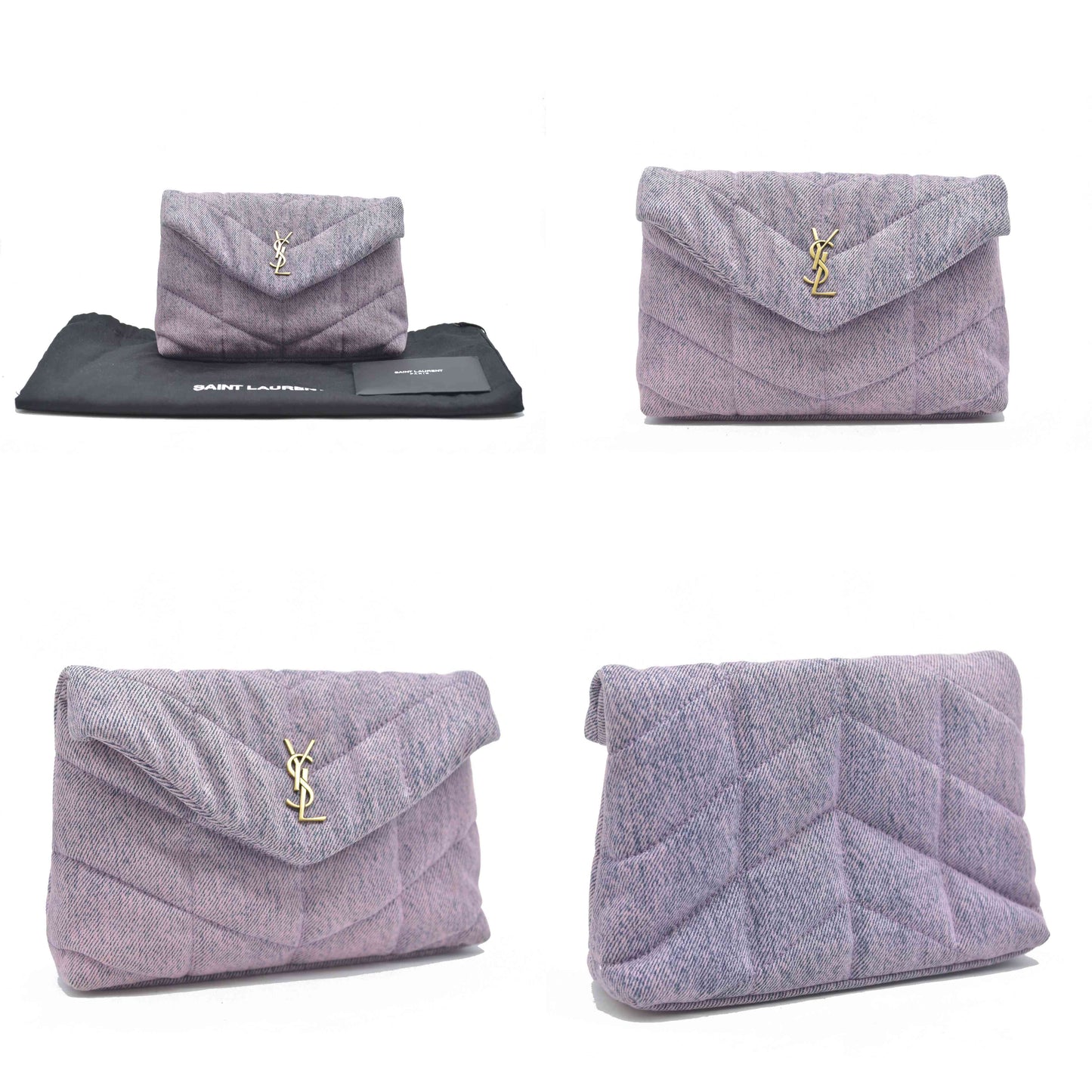 $1000 Saint Laurent Denim Quilted Loulou Puffer Monogram Pouch Clutch Bleached Lilac
