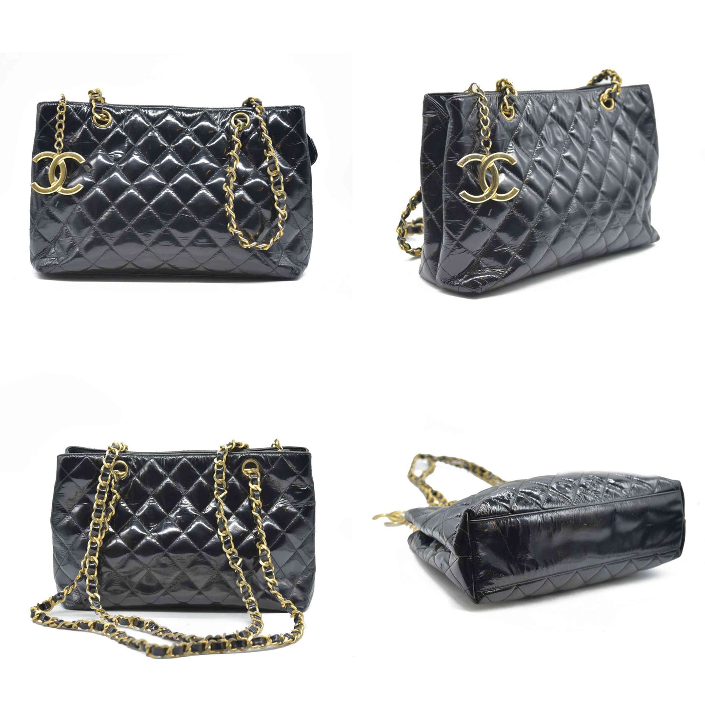 CHANEL Matelasse Chain Shoulder Bag Patent leather Black Gold CC