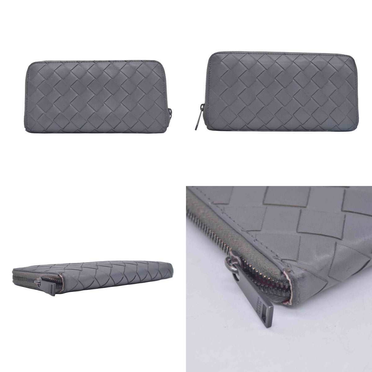 $1050 BOTTEGA VENETA Intrecciato Nappa Zip Around Wallet Grey Red CONSIGNMENT 10021175