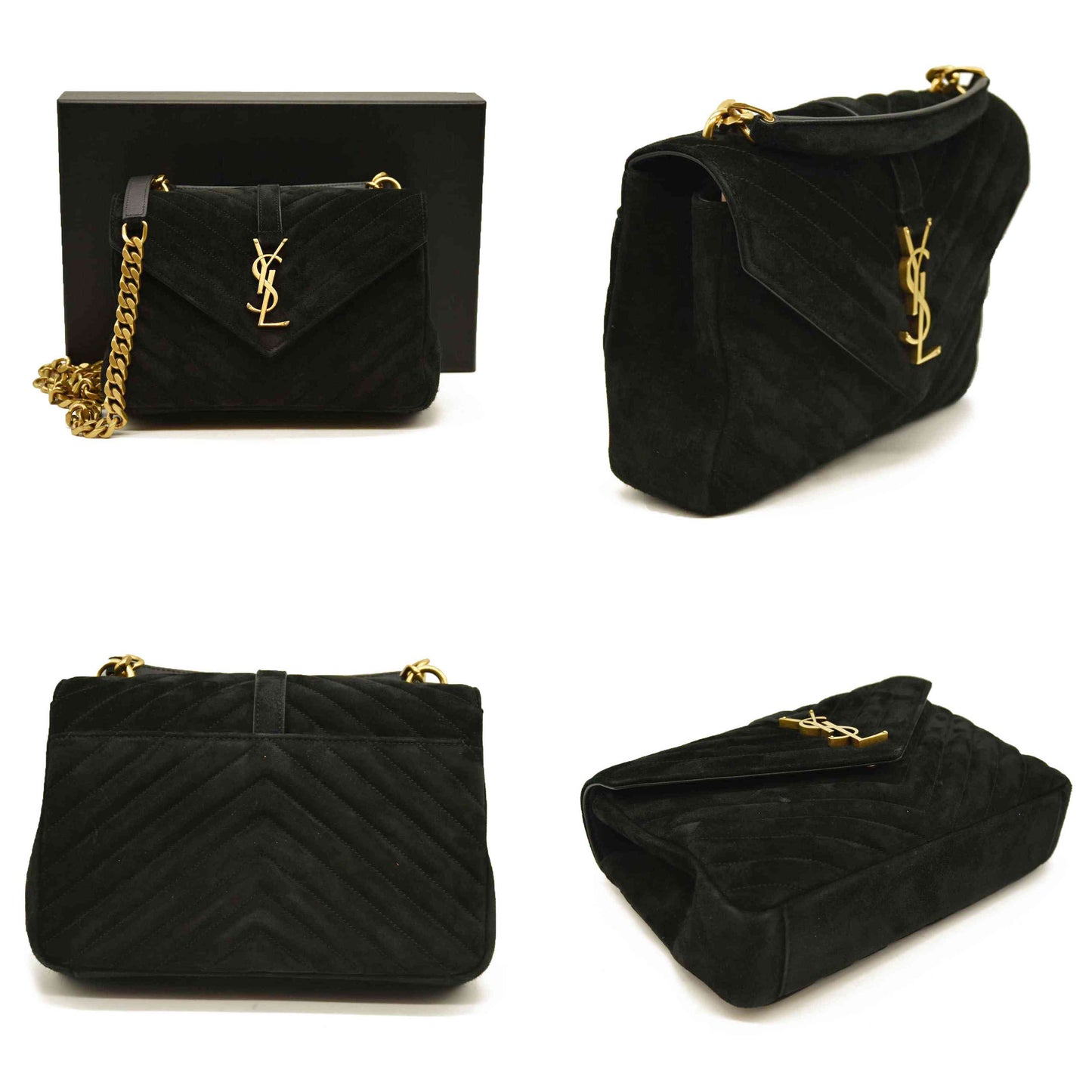 Saint Laurent  Suede Matelasse Chevron Monogram Medium College Bag Black