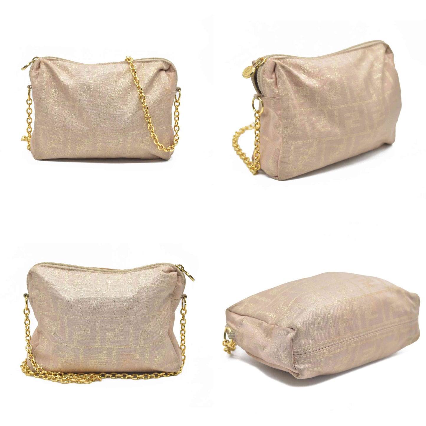 $1075 FENDI Chain Zucca Canvas Shoulder Bag Beige