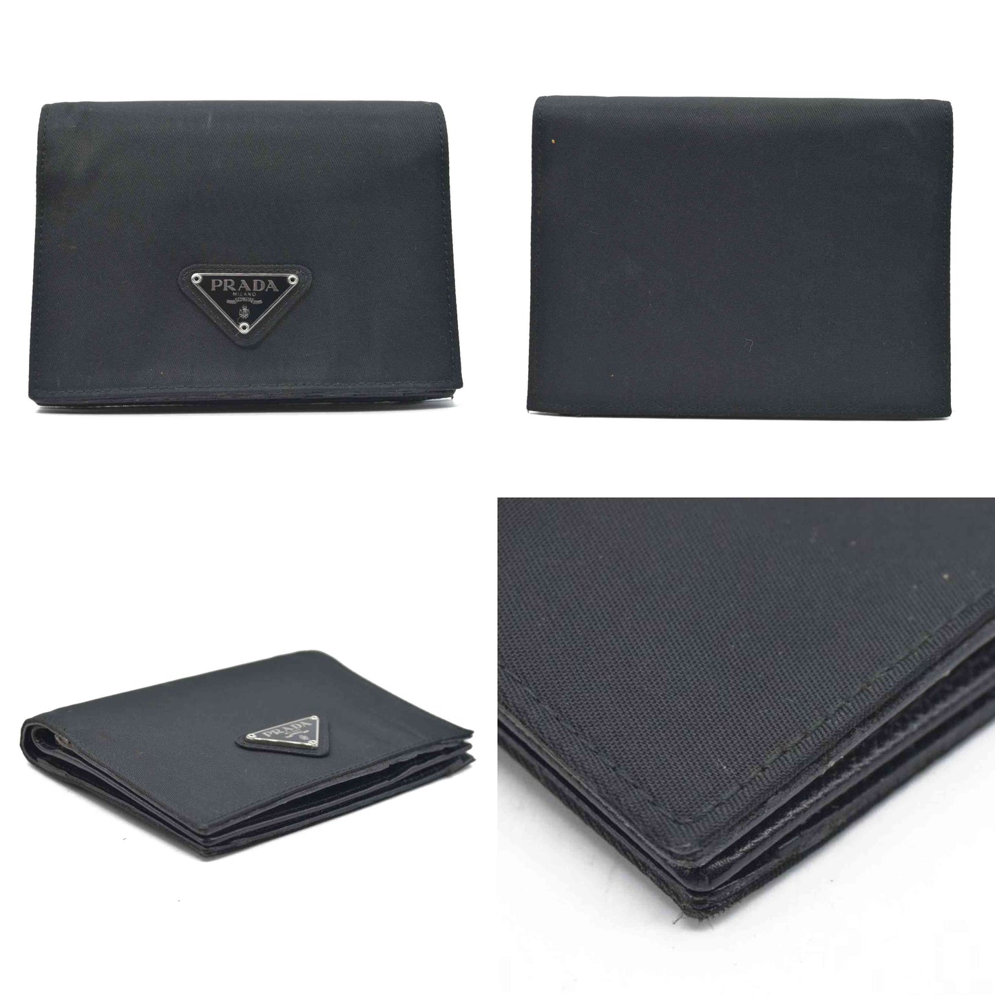 $650 PRADA Logo Plate Nylon Bifold Wallet Purse Black