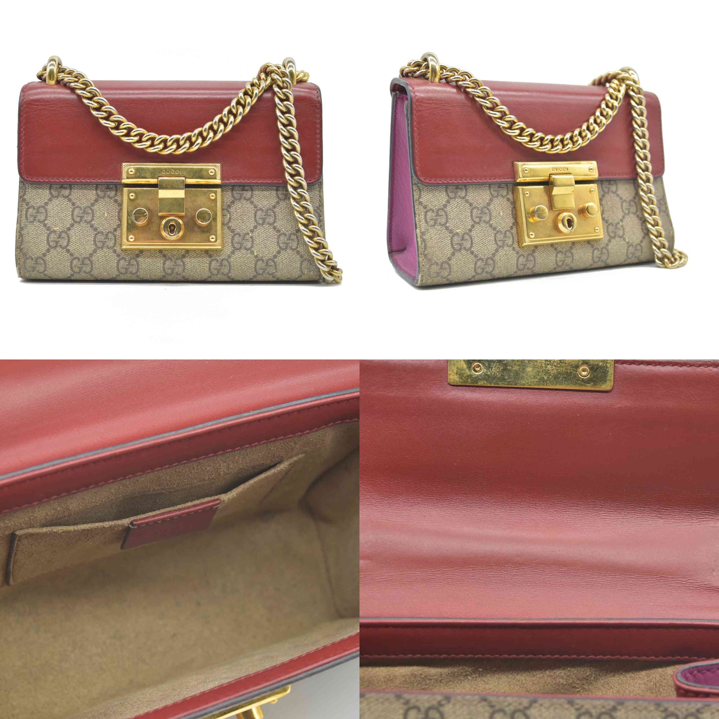 AUCTION $1960 USED GUCCI GG Supreme Monogram Calfskin Small Padlock Shoulder Bag Beige Hibiscus Red New Rosette