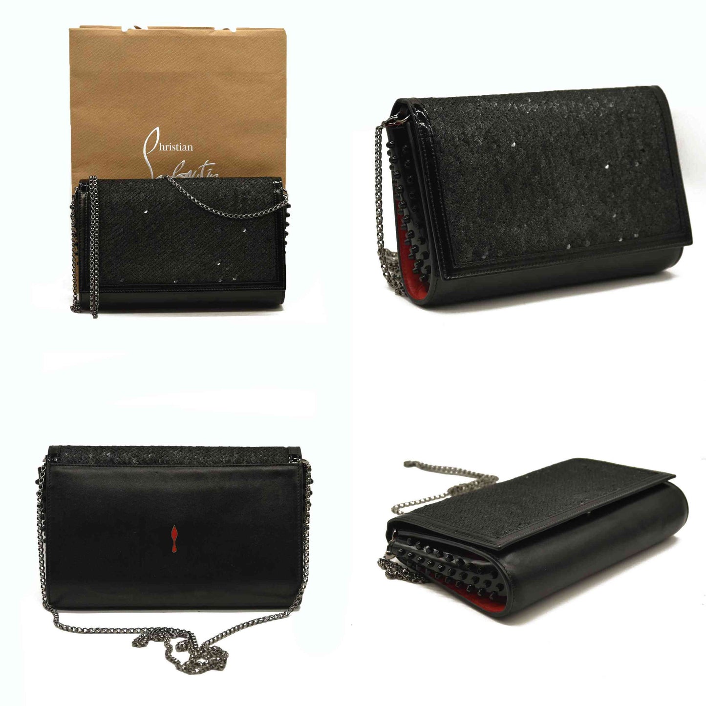 Christian Louboutin  Calfskin Pailette Spikes Paloma Clutch Black