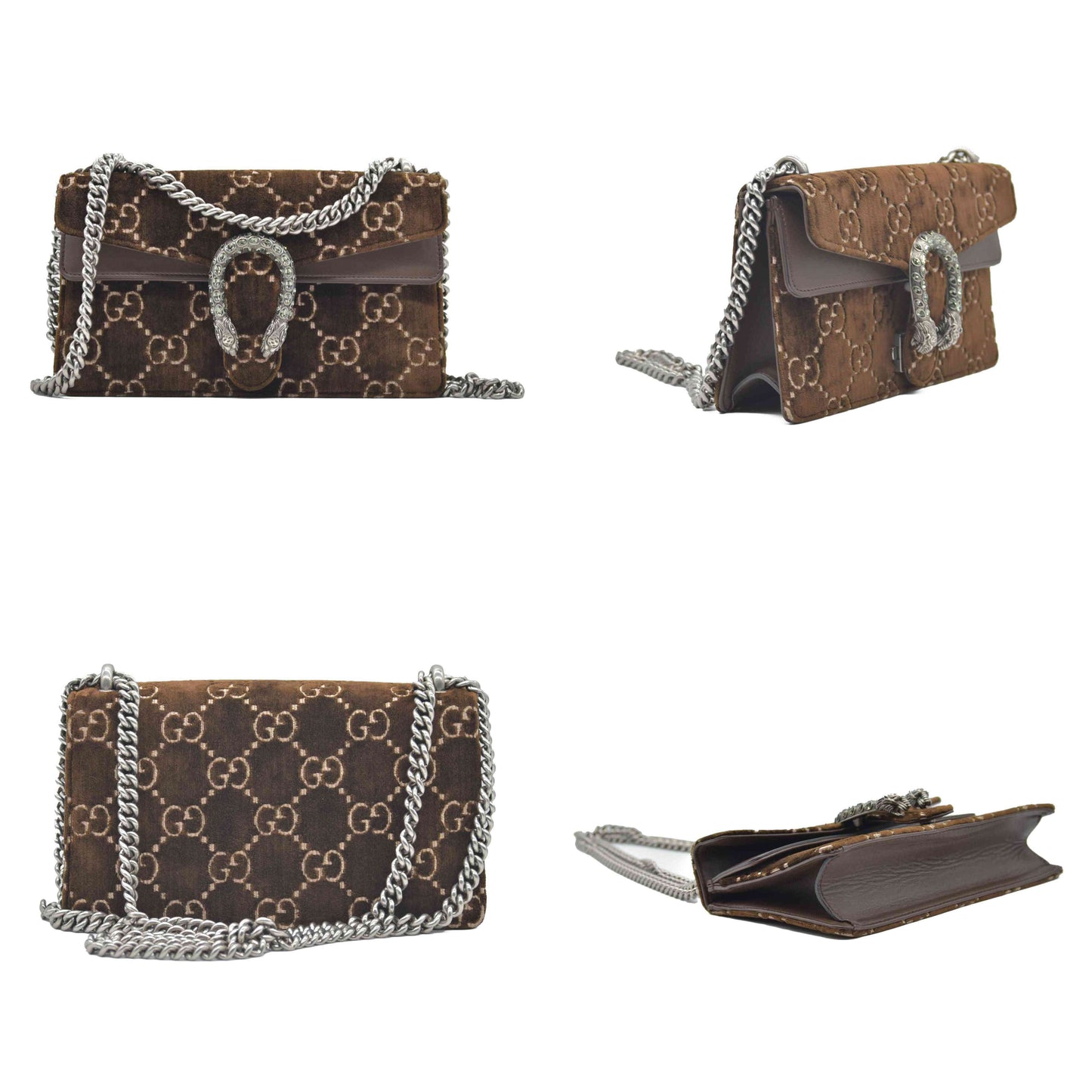 $2650 Gucci Velvet Moon Calfskin Crystal GG Monogram Small Dionysus Shoulder Bag Brown Vintage Cocoa Black Diamond