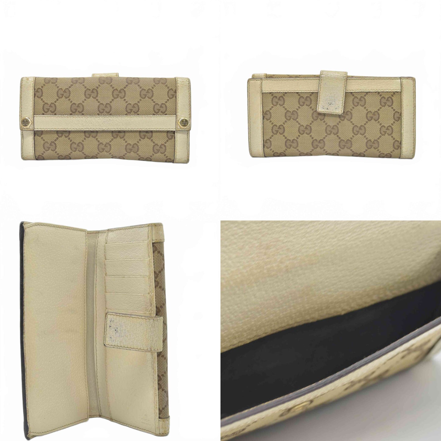 $710 GUCCI GG Logo Canvas Leather Long Bifold Wallet Beige Signature GG