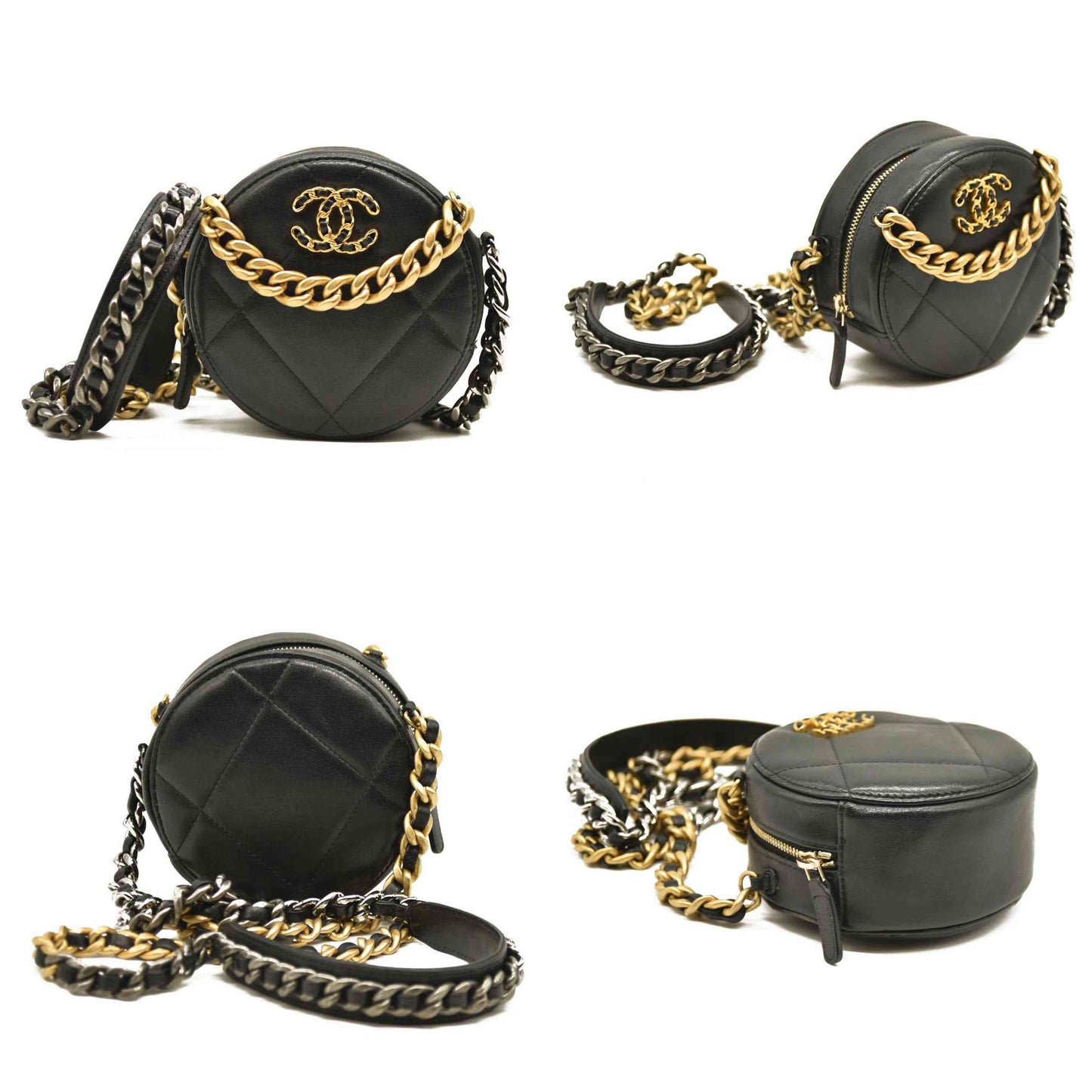 Chanel  Lambskin Quilted Chanel 19 Round Clutch With Chain Black 31*