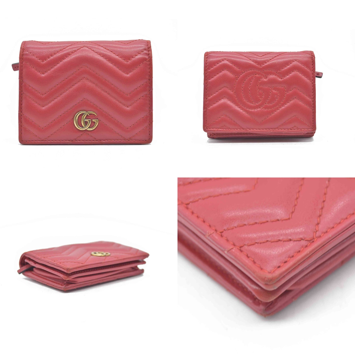 AUCTION $540 GUCCI GG Marmont Quilted Leather Bifold Wallet Red
