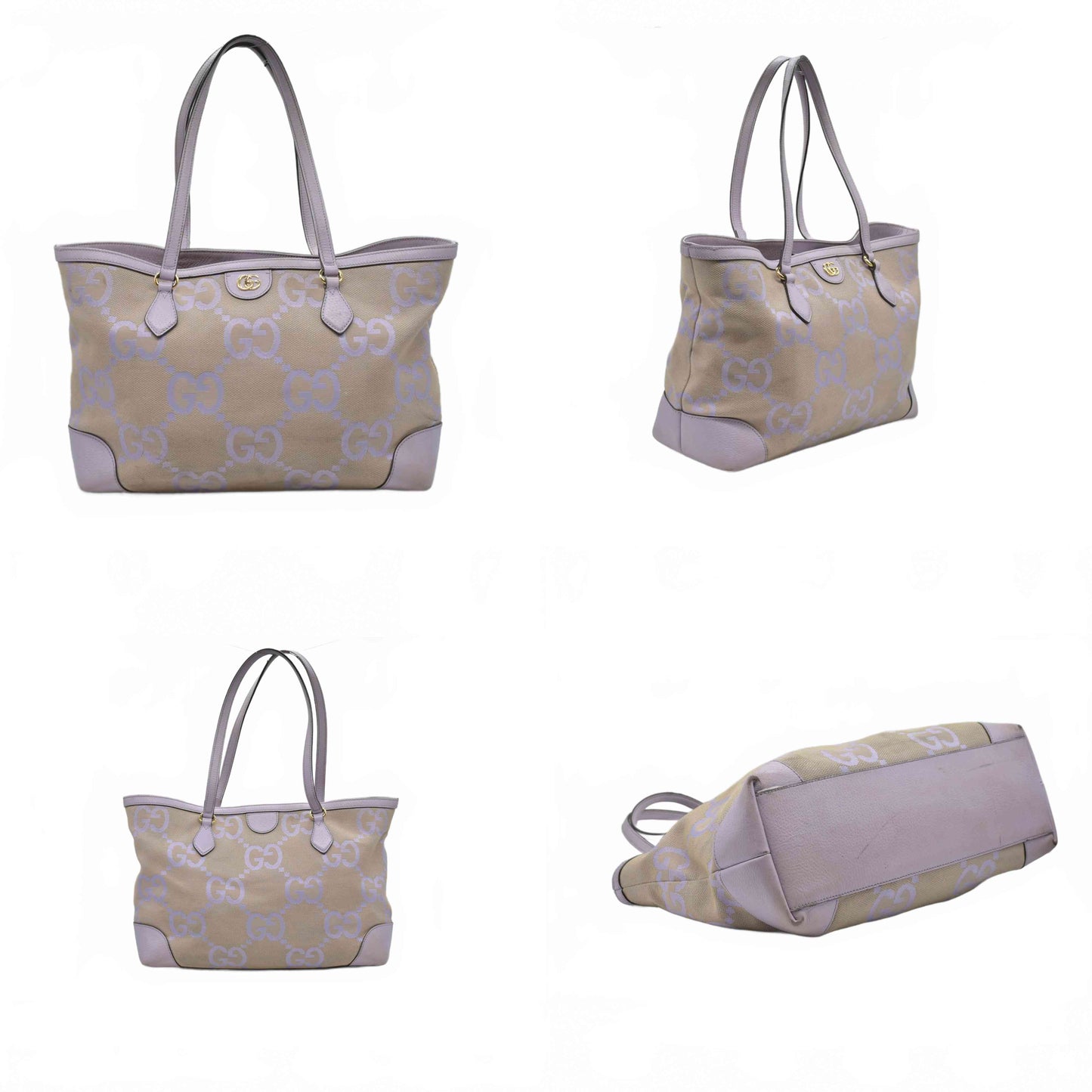 $2350 Gucci Monogram Jumbo GG Textured Dollar Calfskin Medium Ophidia Shopping Tote Beige Lapis