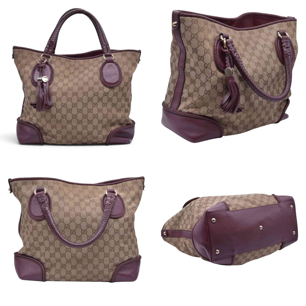 $1250 GUCCI GG Canvas Medium Marcie Tassel Tote Bag Beige Burgundy CONSIGNMENT 10021551