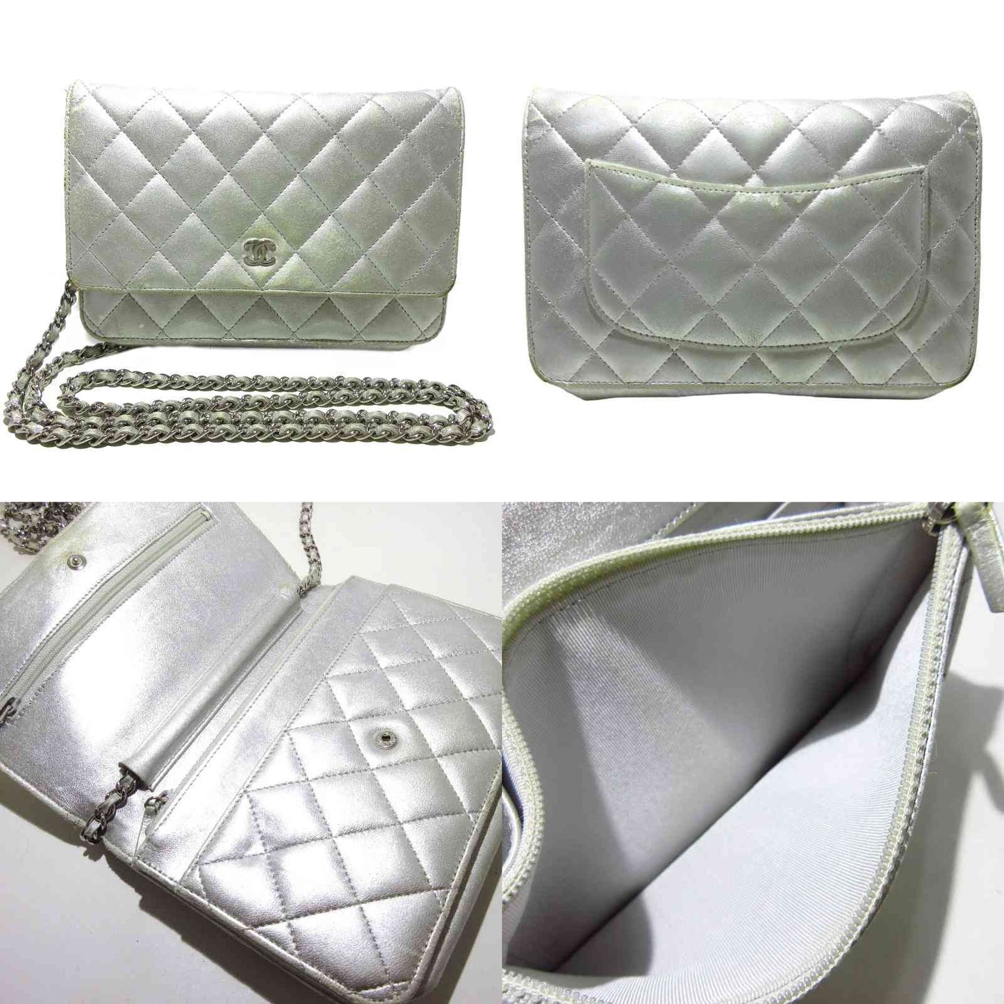 CHANEL Metallic Lambskin Quilted Wallet On Chain WOC Silver 15*