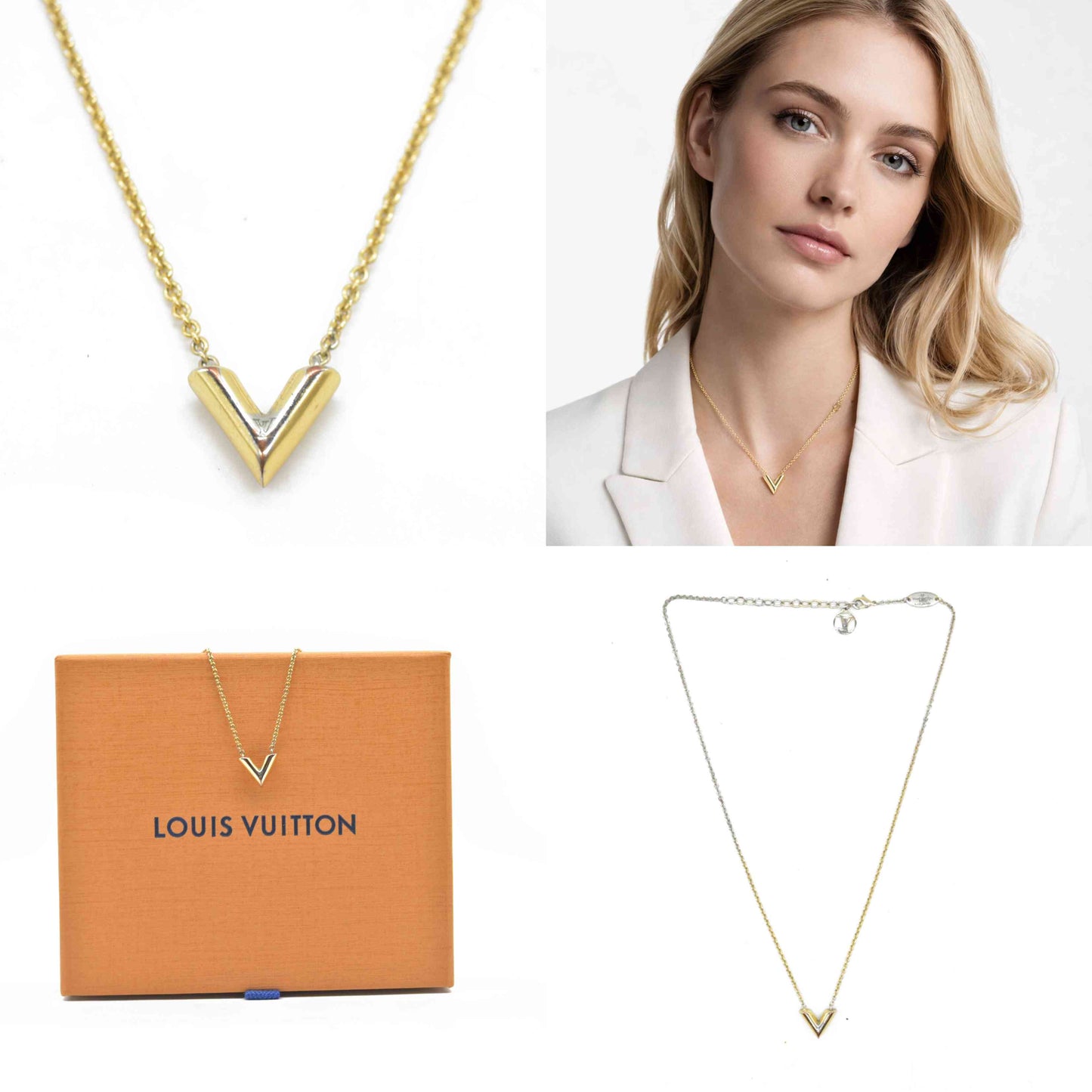 $505 LOUIS VUITTON V Essentials Necklace Gold Chain Necklace 2016 OB1116