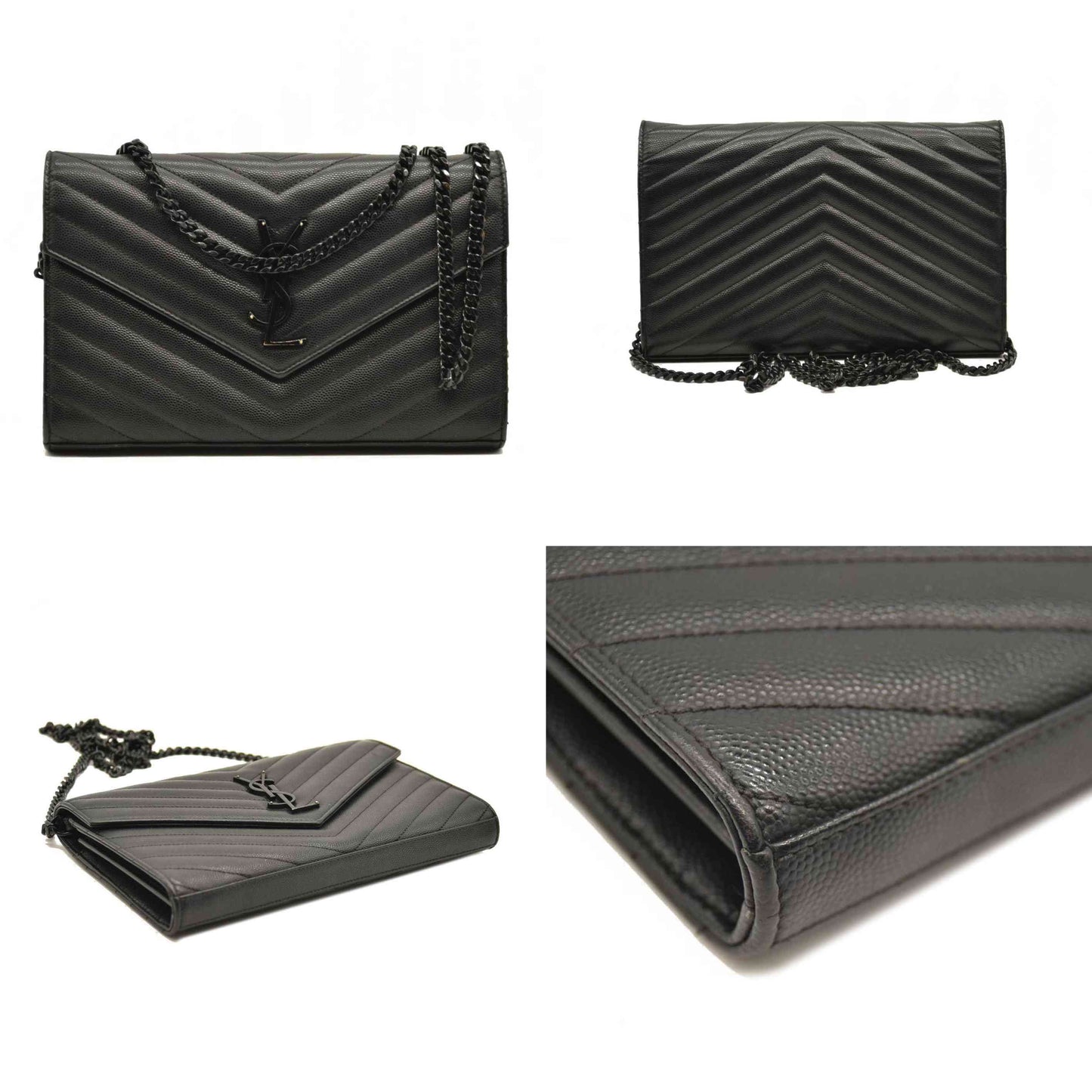 Saint Laurent  Grain De Poudre Matelasse Chevron Monogram Monochrome Chain Wallet Black
