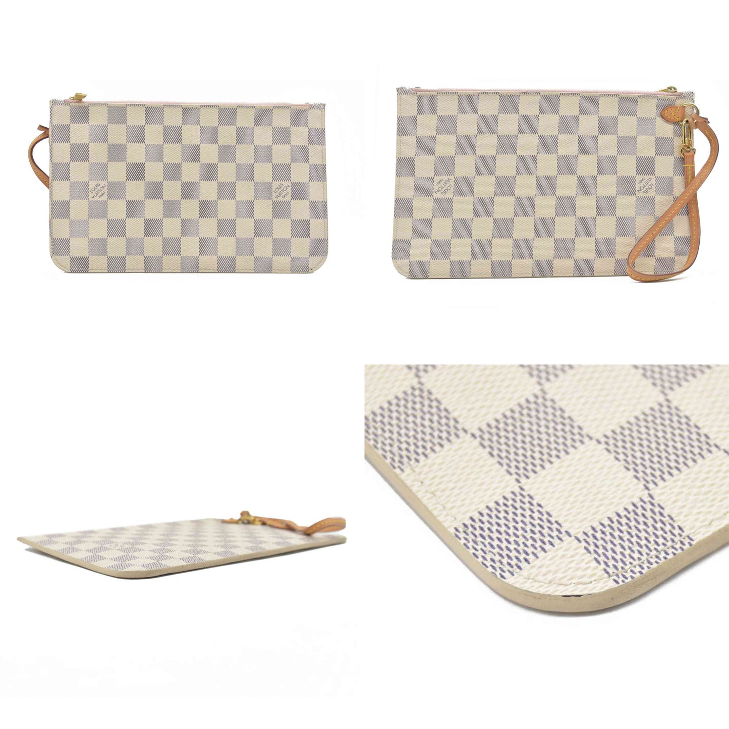 $2170 Louis Vuitton Damier Azur Neverfull MM GM Pochette Rose Ballerine MS3108