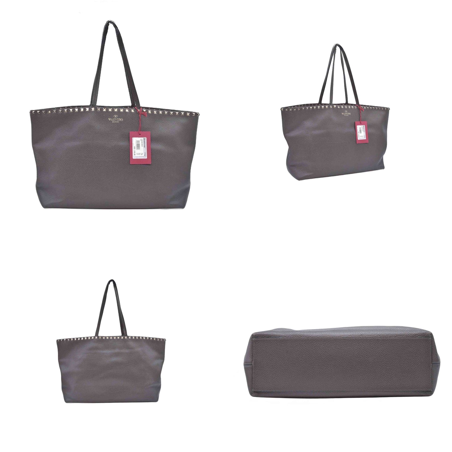 $1850 Valentino Garavani Grained Calfskin Small Rockstud Shoulder Tote Grey