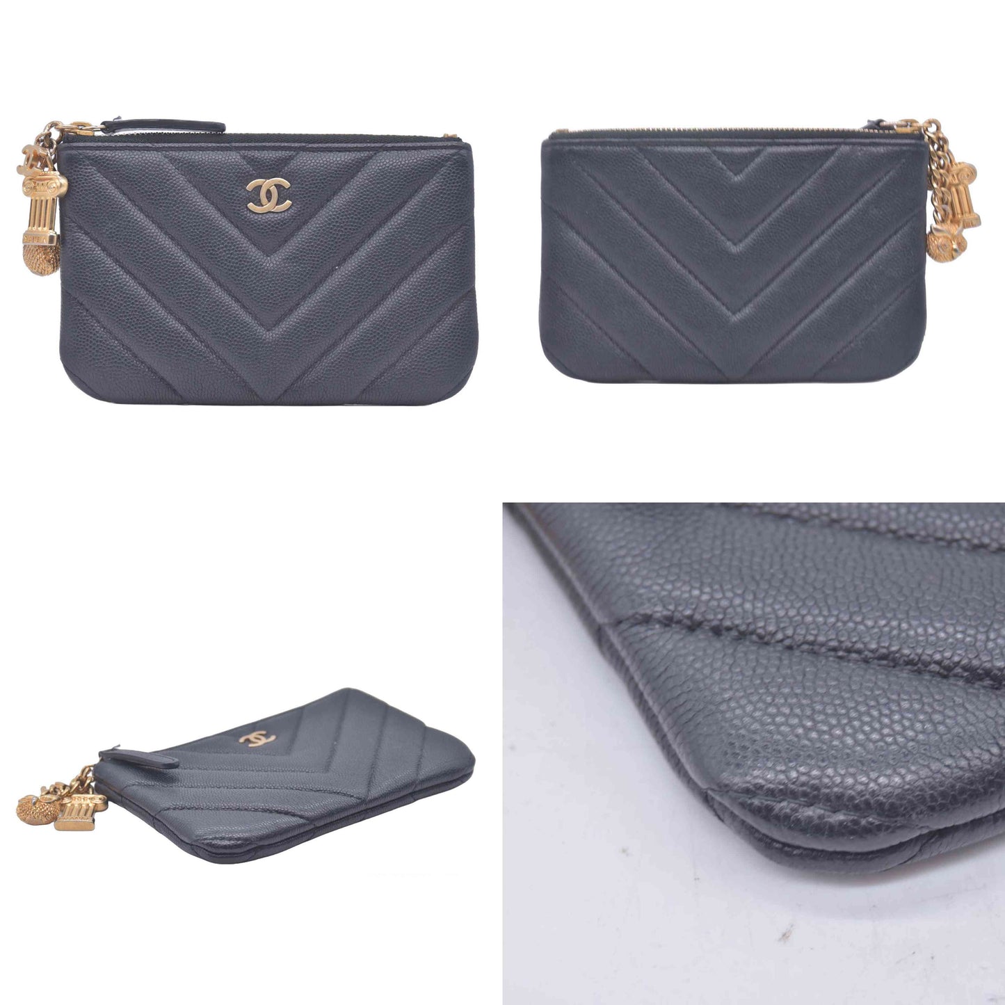 $750 Chanel Caviar Chevron Quilted Small Ancient Greek Charms Cosmetic Case Black CONSIGNMENT