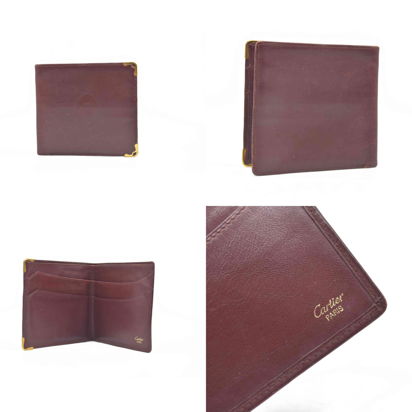 $590 Cartier Leather Bifold Wallet Burgundy